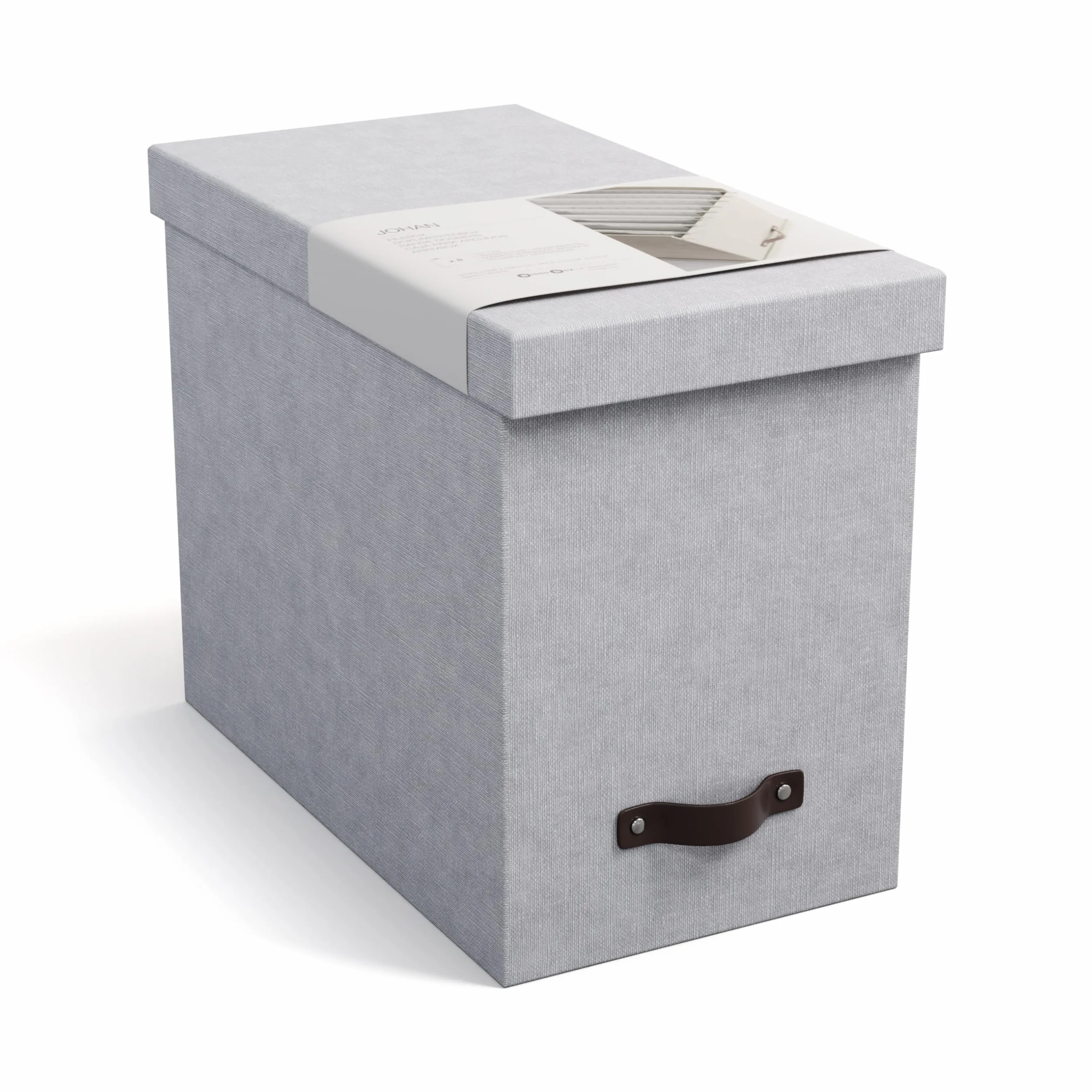 Bigso Box of Sweden JOHAN Pudełko archiwalne z pokrywką 8 zawieszanymi skoroszytami płyty pilśniowej papieru jasnoszare