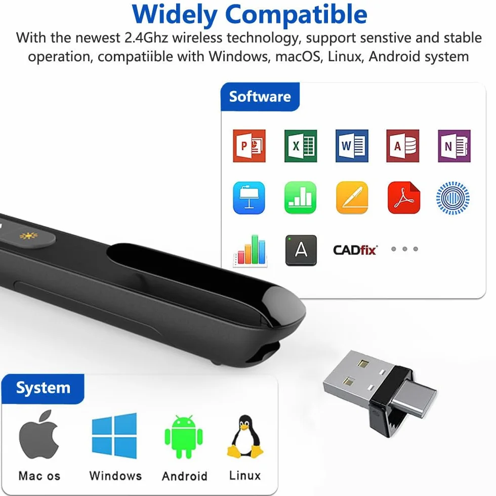 Bezprzewodowy wskaźnik prezentacji USB typu C 2 w 1 do PowerPoint, pilot zdalnego sterowania PPT do laptopa Mac