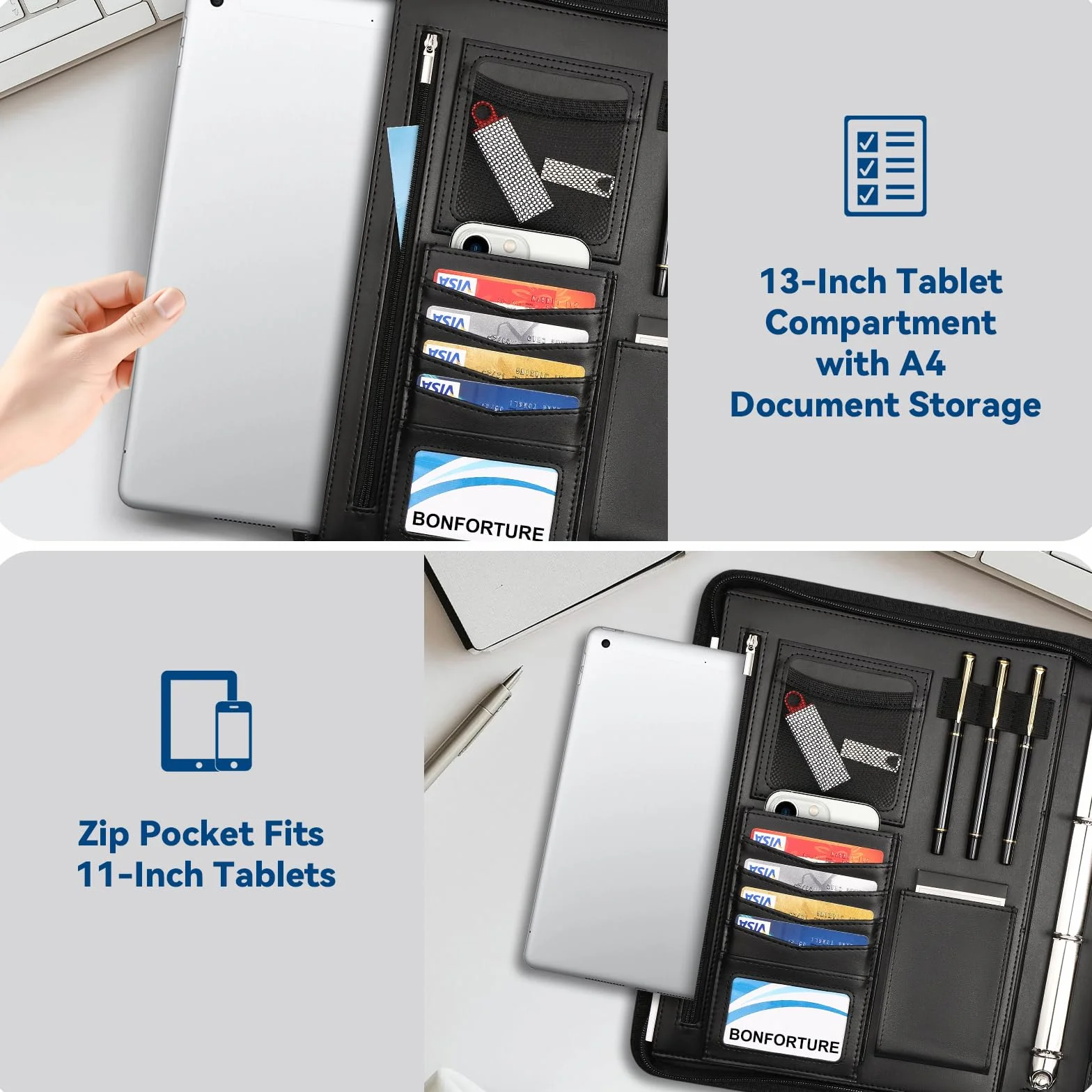 Zamek błyskawiczny teczka konferencyjna A4 z notatnikami, portfel ze skóry PU z kieszeniami na telefon tablet, organizer na dokumenty podróżne, organizer biznesowy