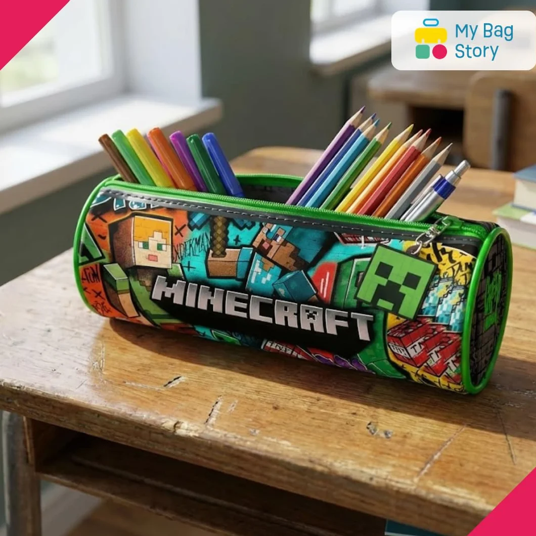 mybagstory | Piórnik Minecraft Blocky Boom 22 cm | Zielony piórnik szkolny dla chłopców z poliestru | Duża pojemność na długopisy i flamastry | Idealny prezent na powrót do szkoły i prezent dla gracza