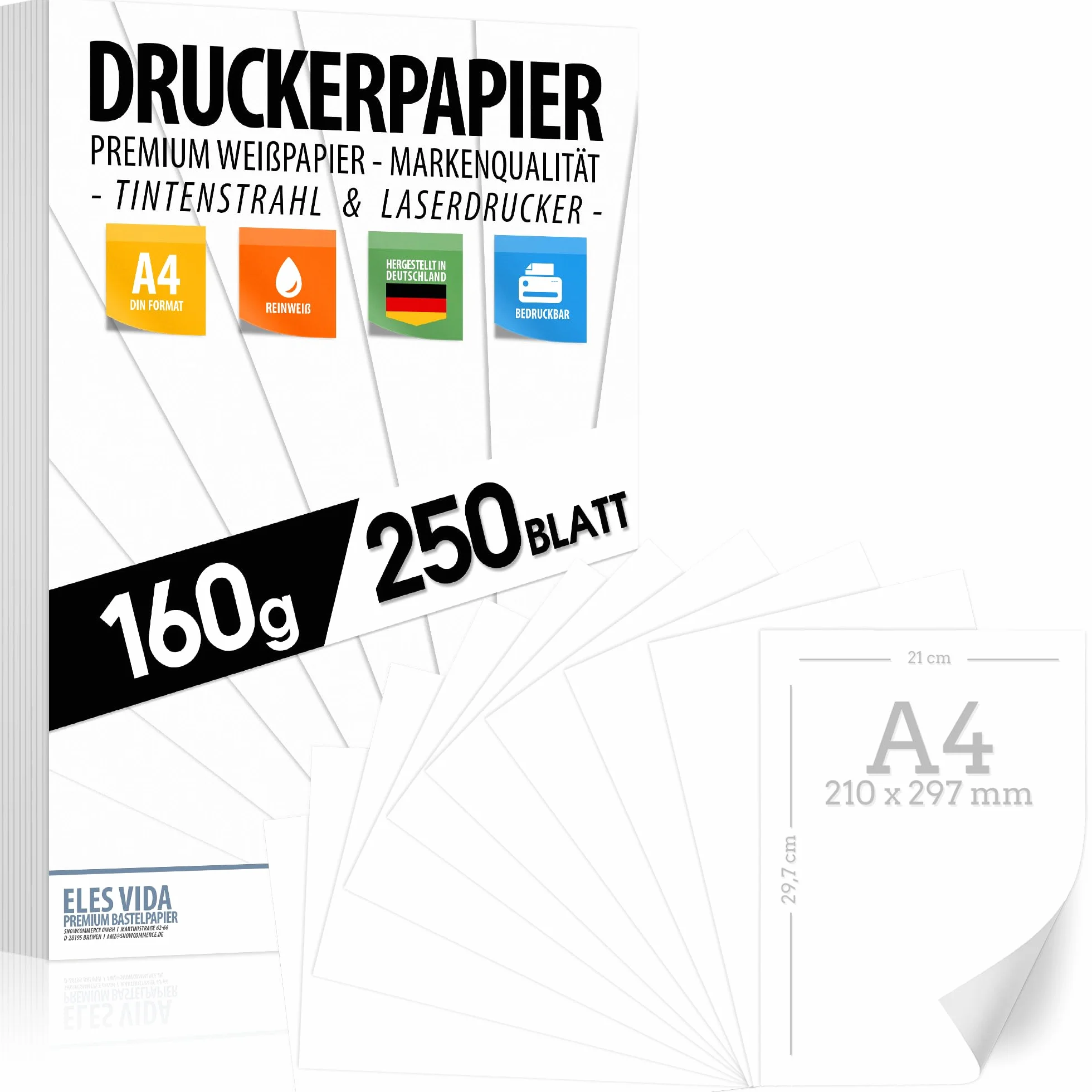 Papier do drukarki A4 160 g biały - 250 arkuszy – papier premium czysta biel – DIN A4-21 x 29,7 cm – gruby papier rysunkowy, bez nadruku, do fotografii, prezentacji, majsterkowania, wysokiej jakości