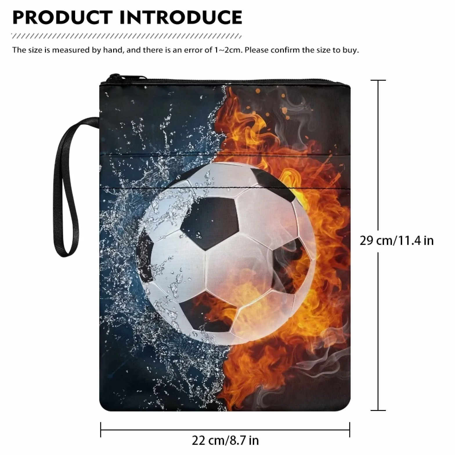 Poceacles Soccer Water Fire Design etui na książki na okładki w miękkiej okładce, etui ochronne na książki z zamkiem błyskawicznym, nadające się do prania rękawy z tkaniny poliestrowej