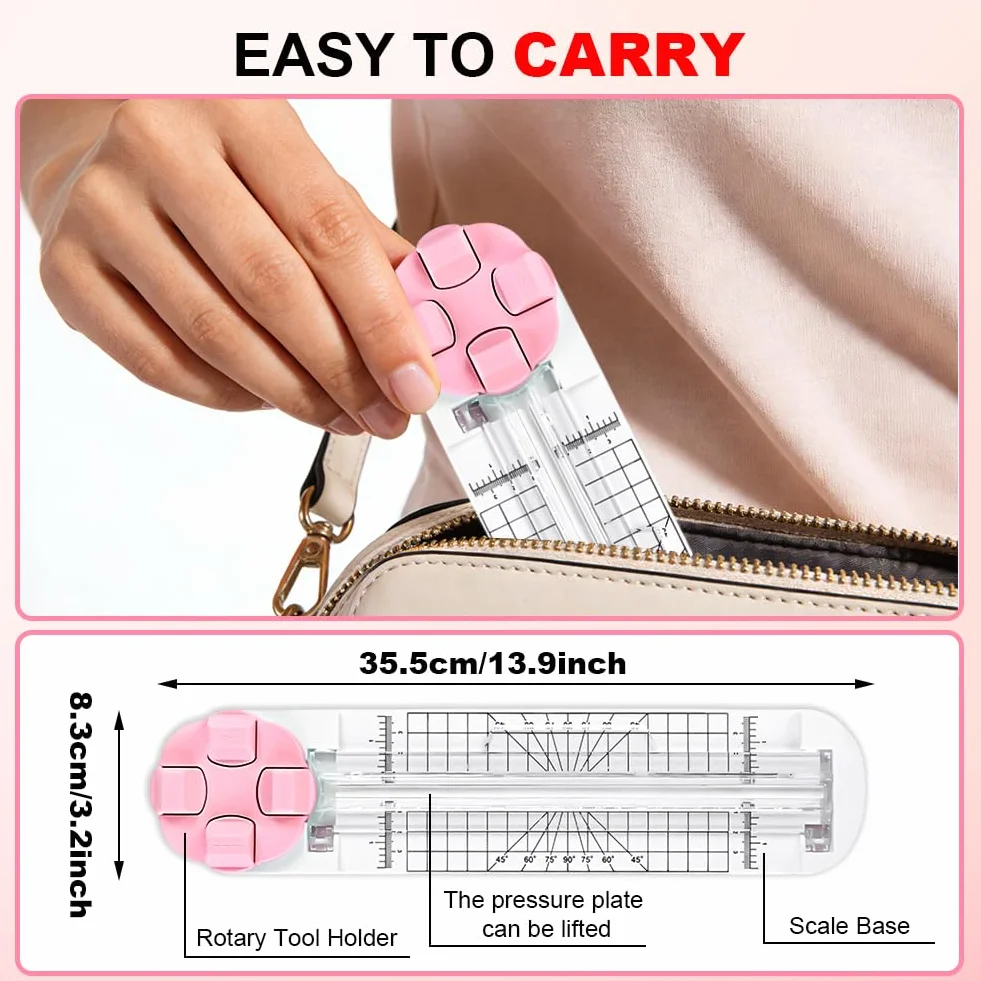 Nóż do papieru 4 w 1, wielofunkcyjny, do cięcia papieru z prowadnicą linii cięcia i linijką boczną, do scrapbookingu, papieru do majsterkowania, projektów DIY, prac ręcznych, różowy