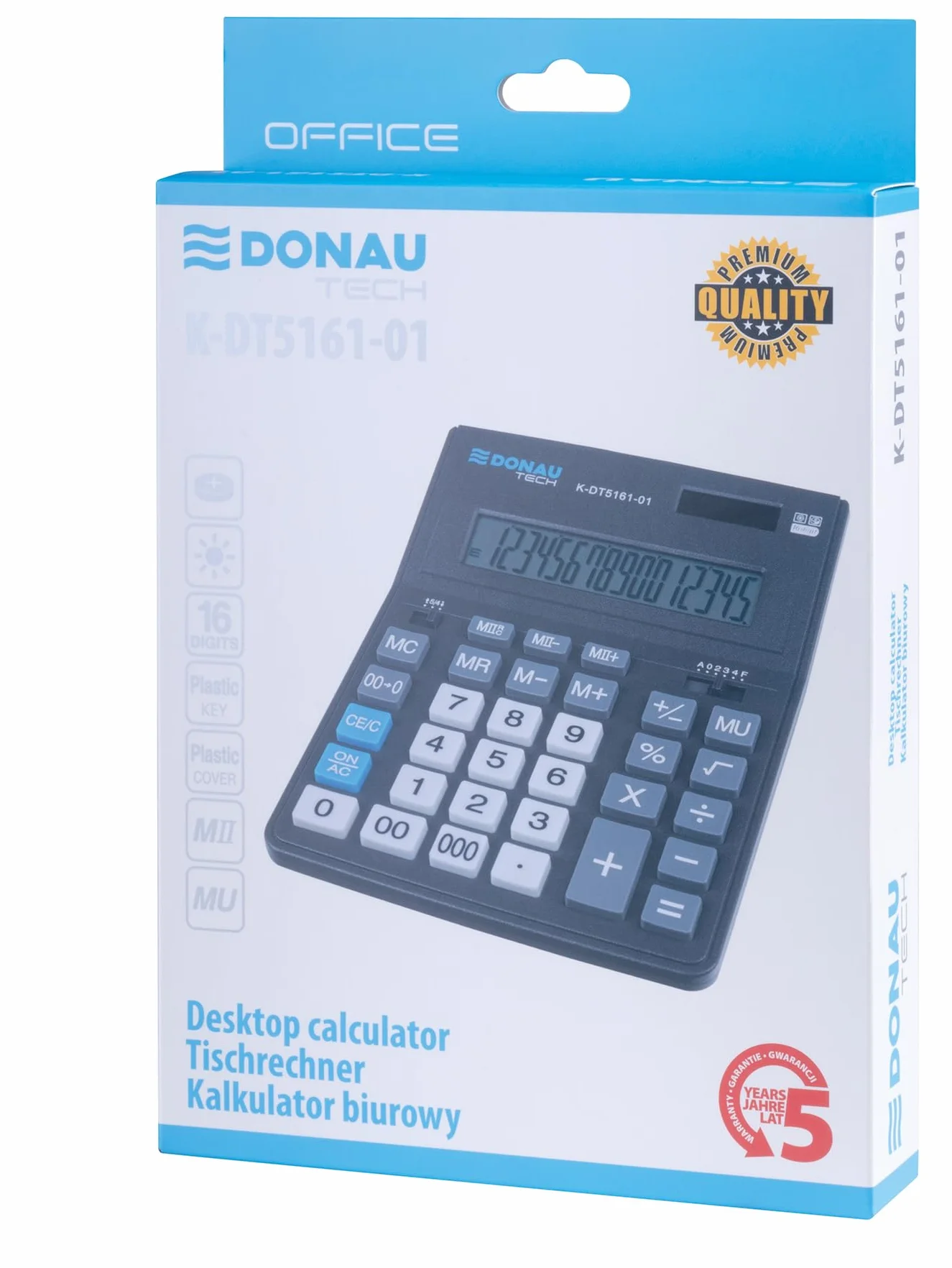 Donau TECH kalkulator biurkowy K-DT5161 16-cyfrowy wyświetlacz Dual-Power Solar 201x155x35 mm czarny