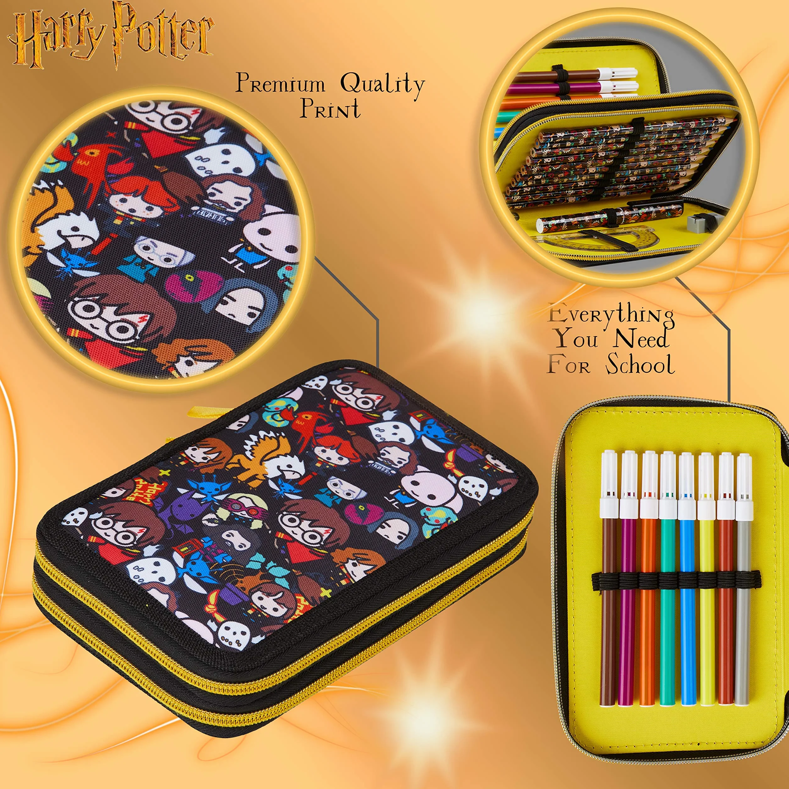 Harry Potter Piórnik dziecięcy z przegródką, Czarny aop, One Size
