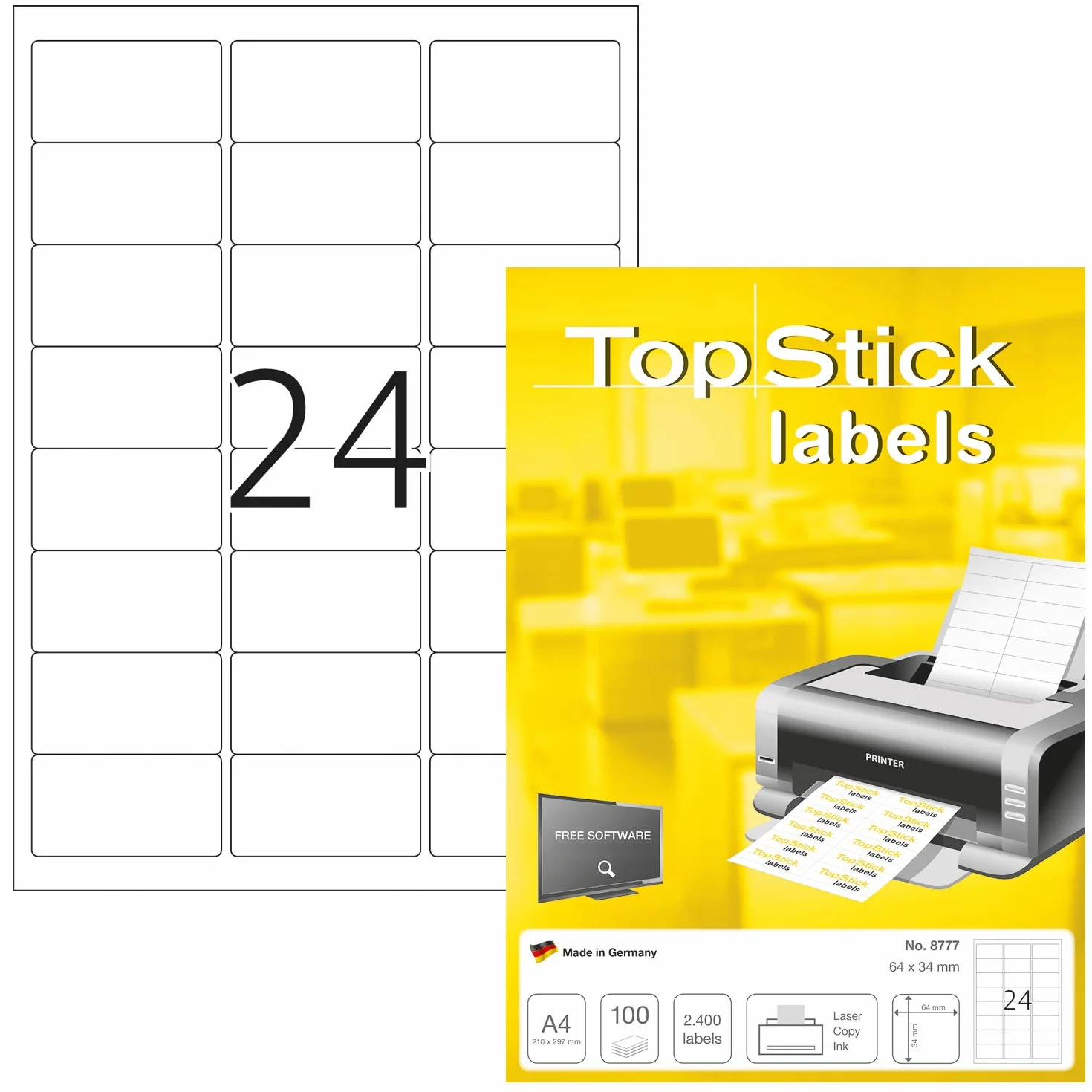 TopStick Naklejki adresowe DIN A4 64 x 34 mm 100 arkuszy papier matowy samoprzylepne 2400 etykiet białe