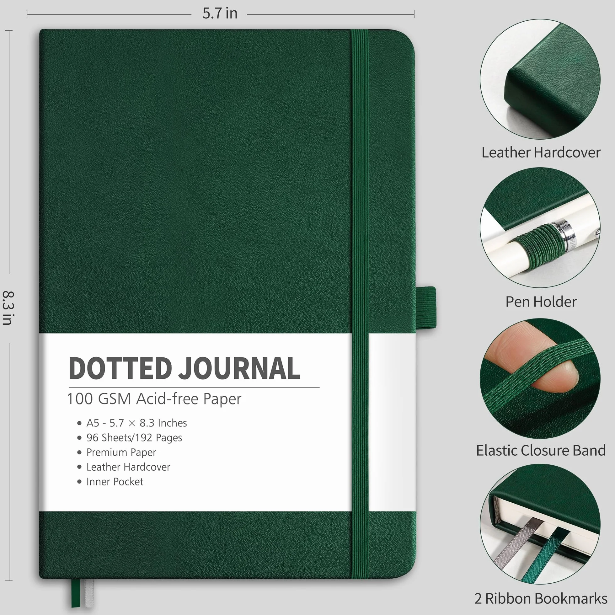 RETTACY Notatnik A5 w kropki, z papierem o gramaturze 100 g/m² – twarda okładka w kropki Bullet Journal, 192 strony z tylną kieszenią dla artystów, profesjonalistów i studentów, 14,5 x 21 cm