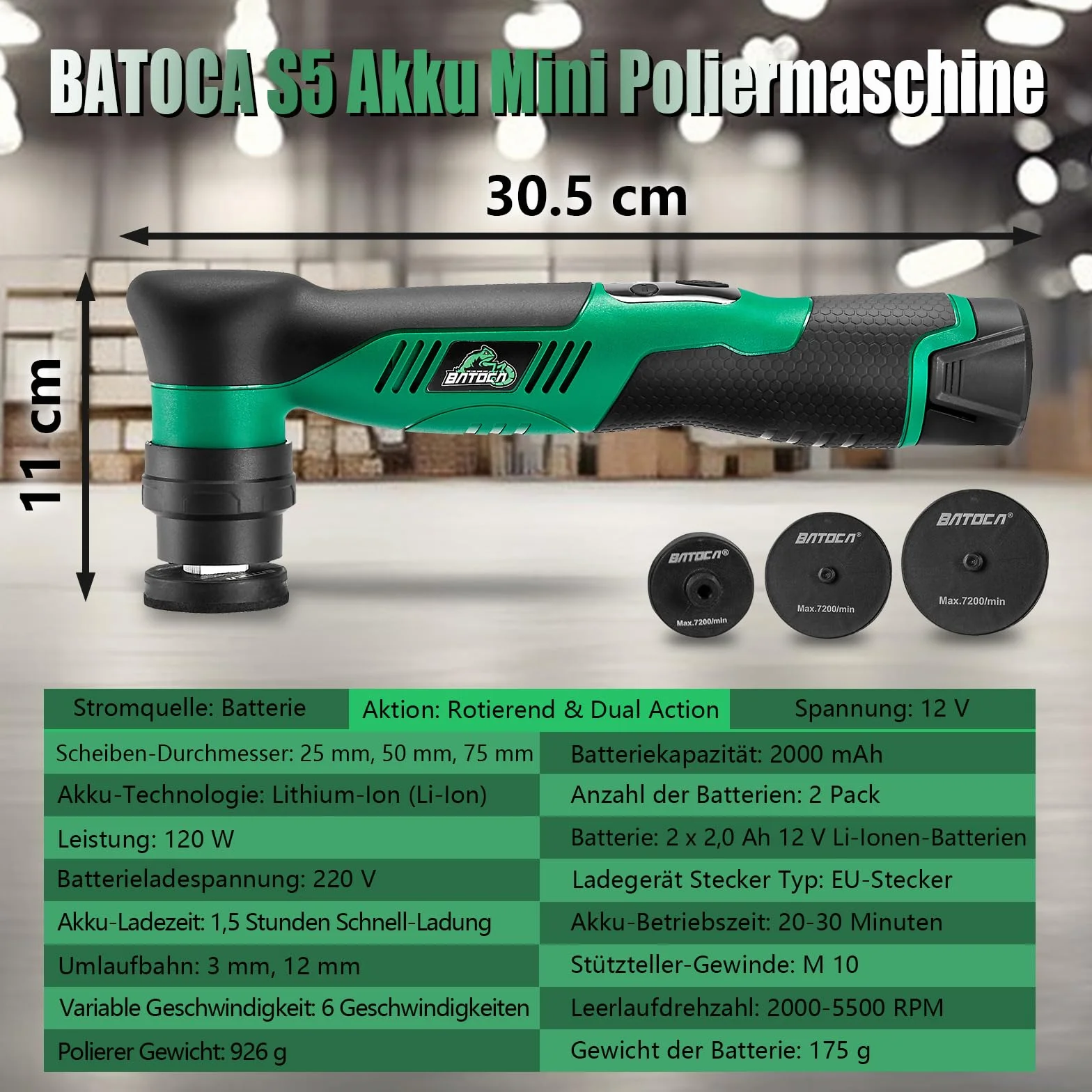 BATOCA S5 mini maszyna do polerowania akumulatora, rotacyjna i mimośrodowa, zestaw do polerowania samochodu z 2 bateriami 12 V 2,0 Ah, talerz polerski 25 mm/50 mm/75 mm, do detali samochodu, zestaw do