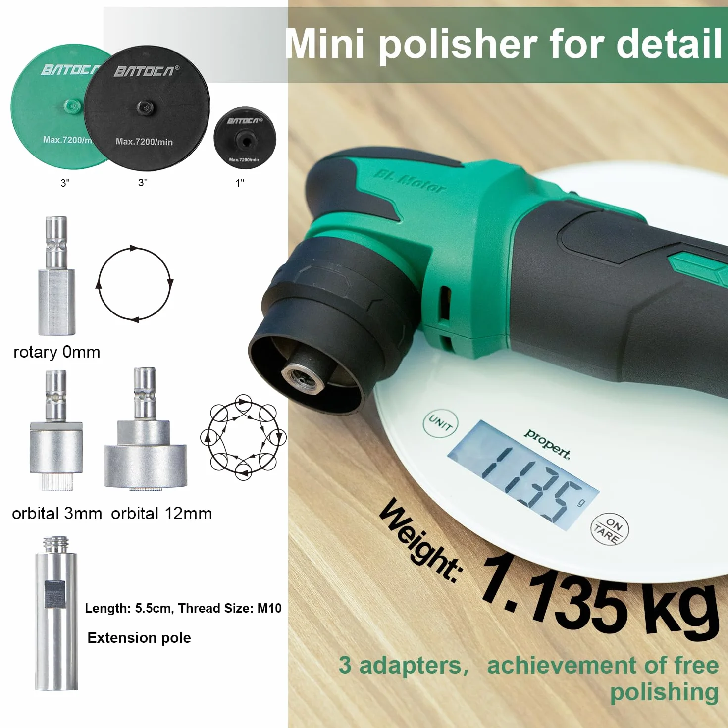 BATOCA S4 Mini polerka akumulatorowa, polerowanie obrotowe i orbitalne, 25 mm / 75 mm wycieraczki, silnik bezszczotkowy, profesjonalna polerka do szczegółów, 2 baterie 12 V 2,5 Ah, 2000-5500 obr./min