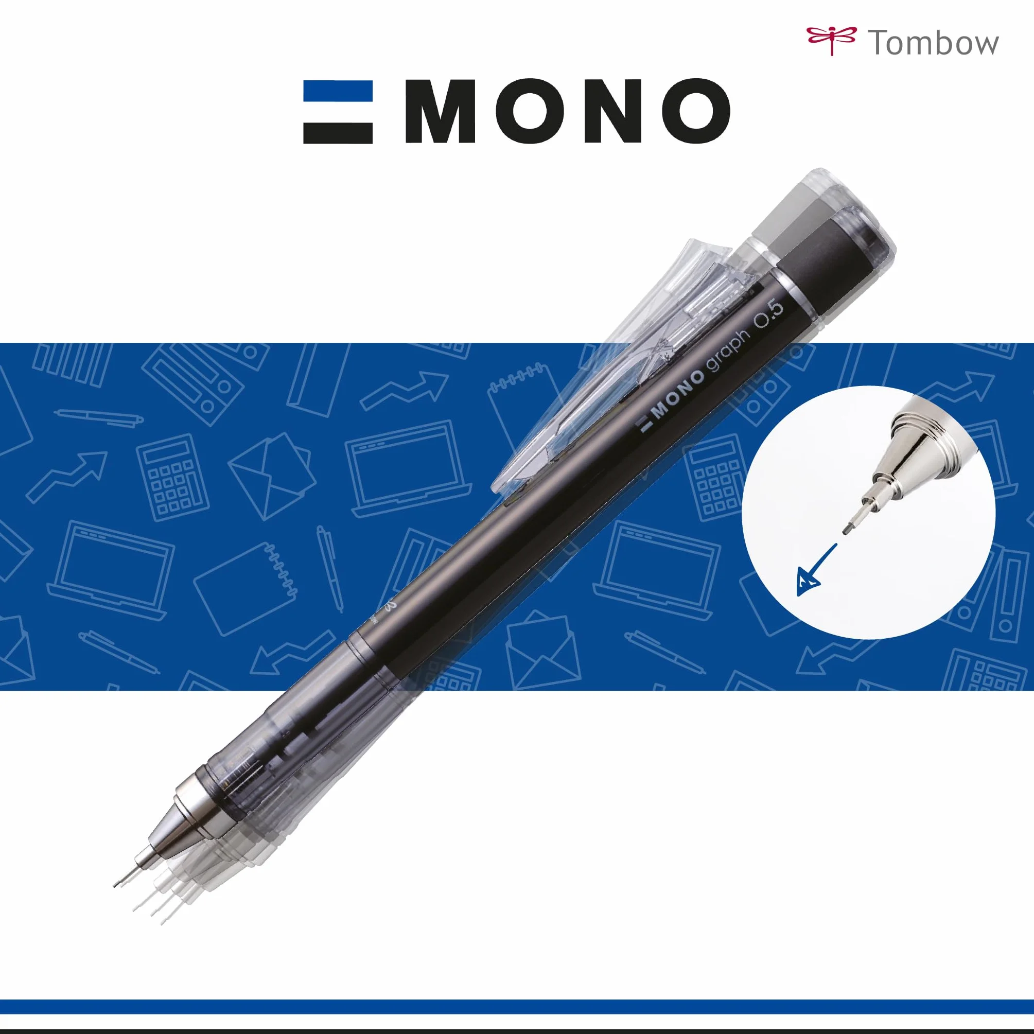 Tombow Ołówek mechaniczny MONO graph 05 matowy fioletowy, grubość kreski 0,5 mm, HB, zintegrowana gumka do ścierania [SH-MG92]