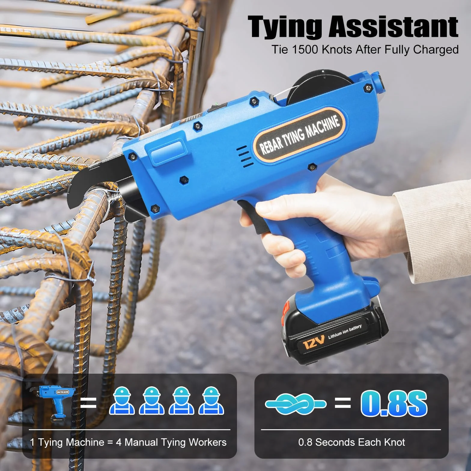 Rebar bindownica zbrojeniowa, ręczna maszyna do wiązania zbrojeniowego, w pełni automatyczna, zakres wiązania 8-34 mm, 2 baterie litowe 1800 mAh (jedna już zainstalowana), niebieska