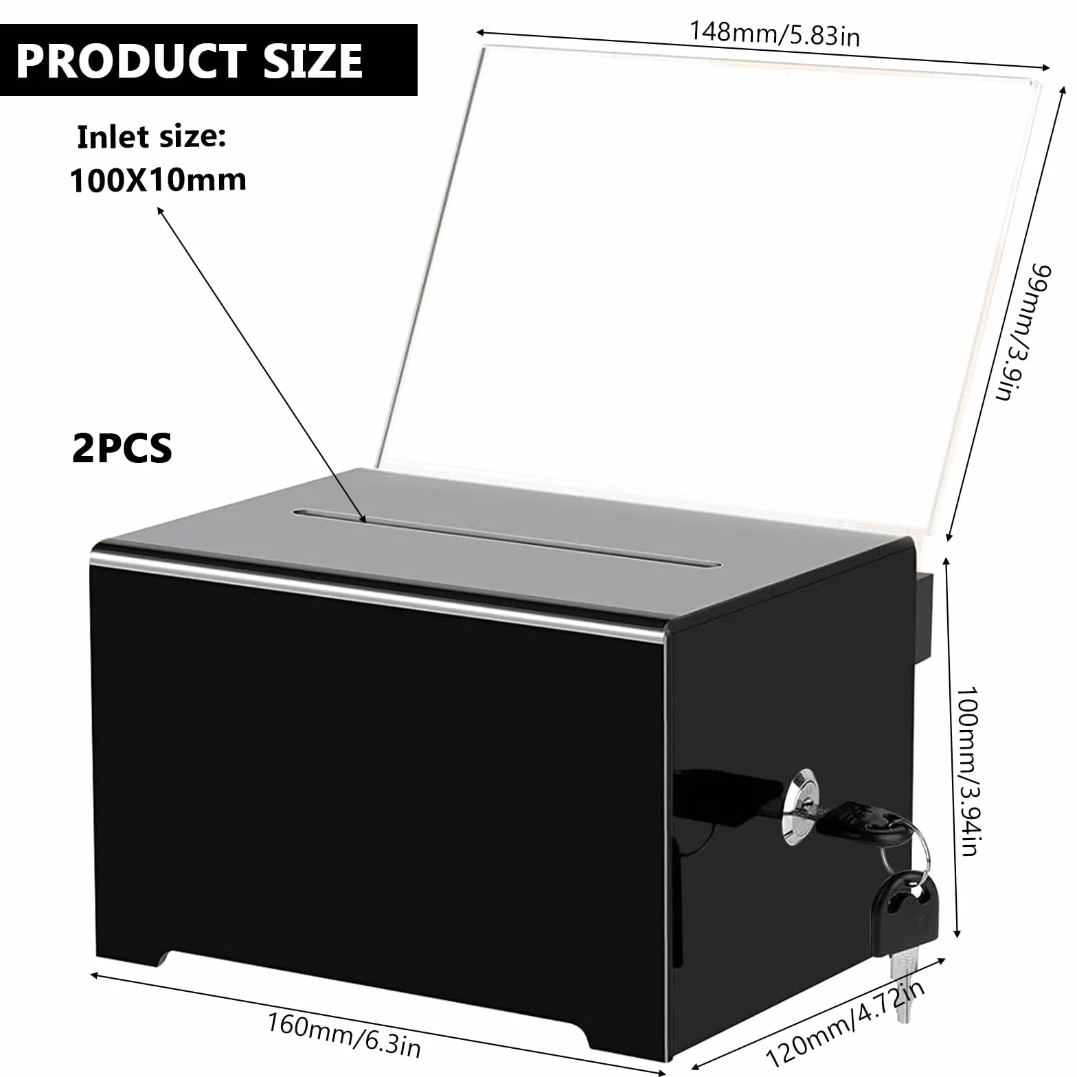 Pudełko na darowizny zamykane akrylowe 16x12x10 cm czarne 2 sztuki