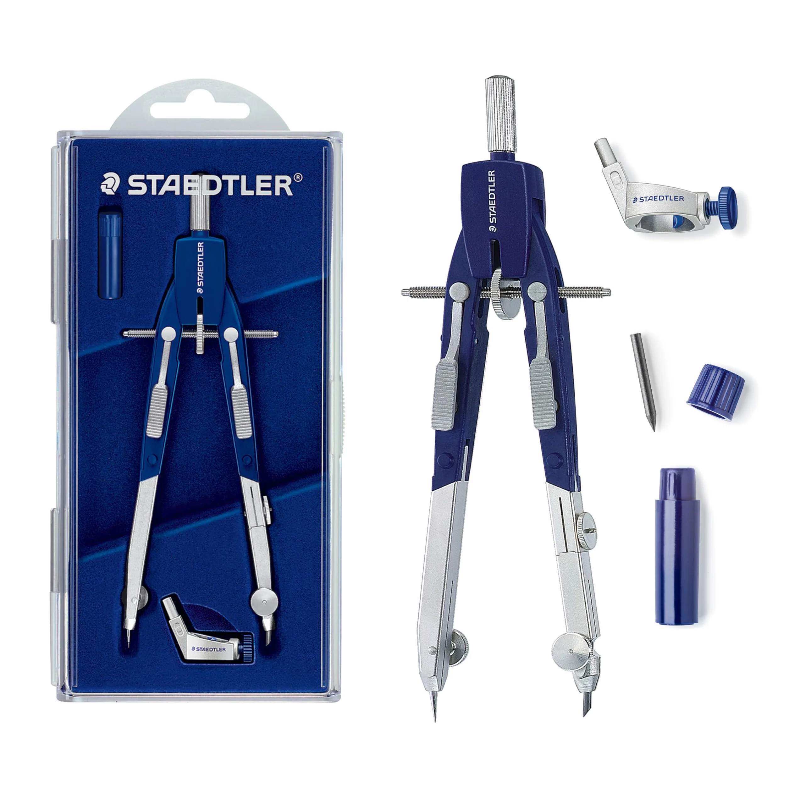 STAEDTLER Mars Comfort 552 01 cyrkiel, cyrkiel z szybką regulacją, wymienna igła, zginane uda, średnica koła kreślarskiego: 350 mm, długość: 170 mm, kolor: niebieski, srebrny, etui z klapką