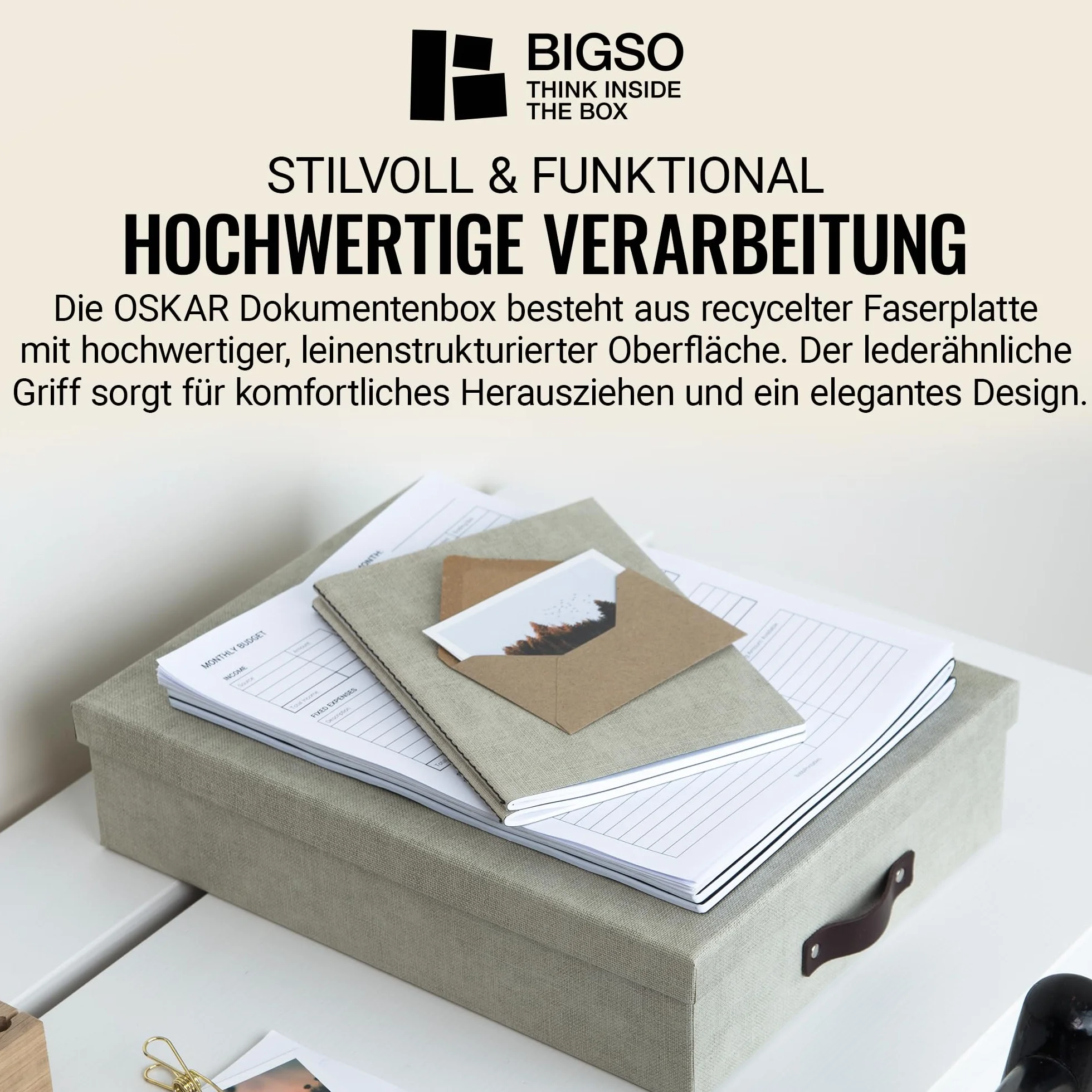 BIGSO BOX OF SWEDEN OSKAR Pudełko na dokumenty A4 płyta pilśniowa papier lniany beżowe