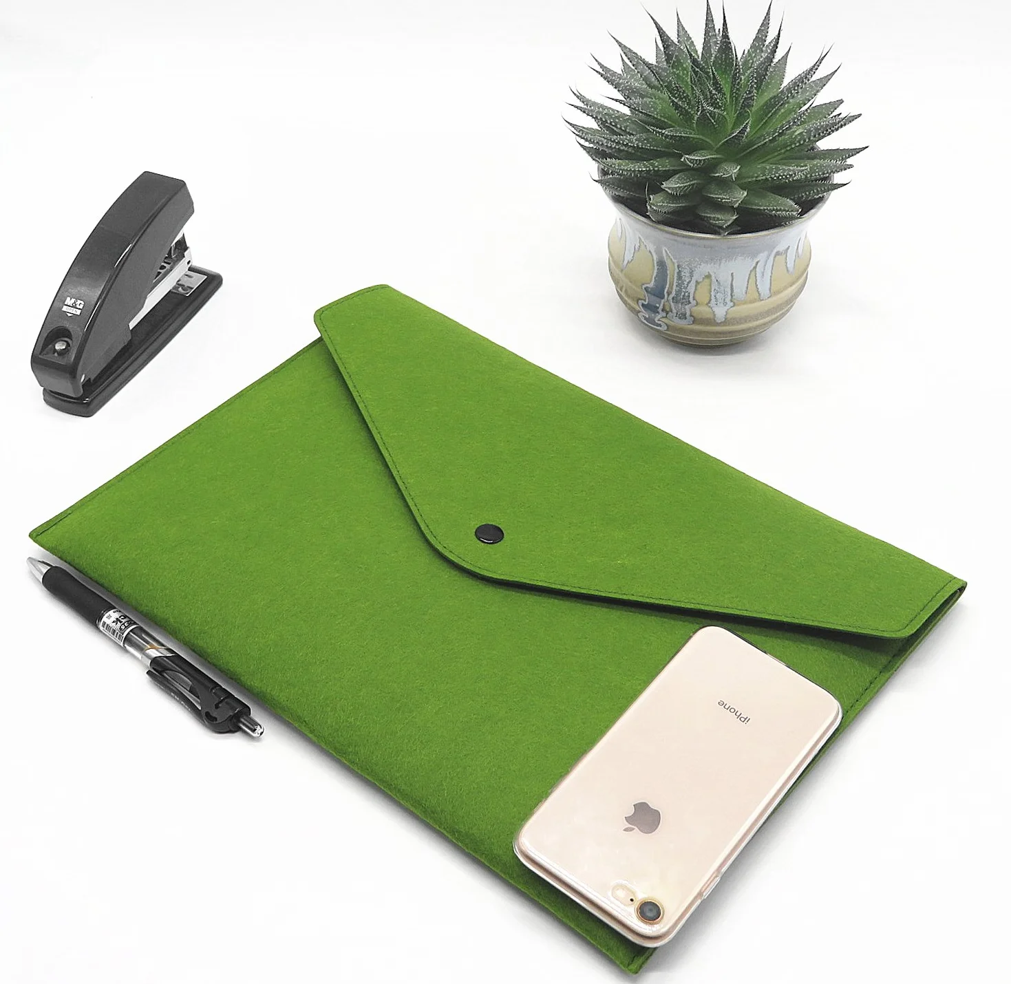 2 filcowe etui na dokumenty w formacie A4, teczka na dokumenty, aktówka, teczka na akta, teczka na dokumenty z zatrzaskiem, idealna do biura, szkoły, na uczelnię, 34 x 24 cm (zielona)