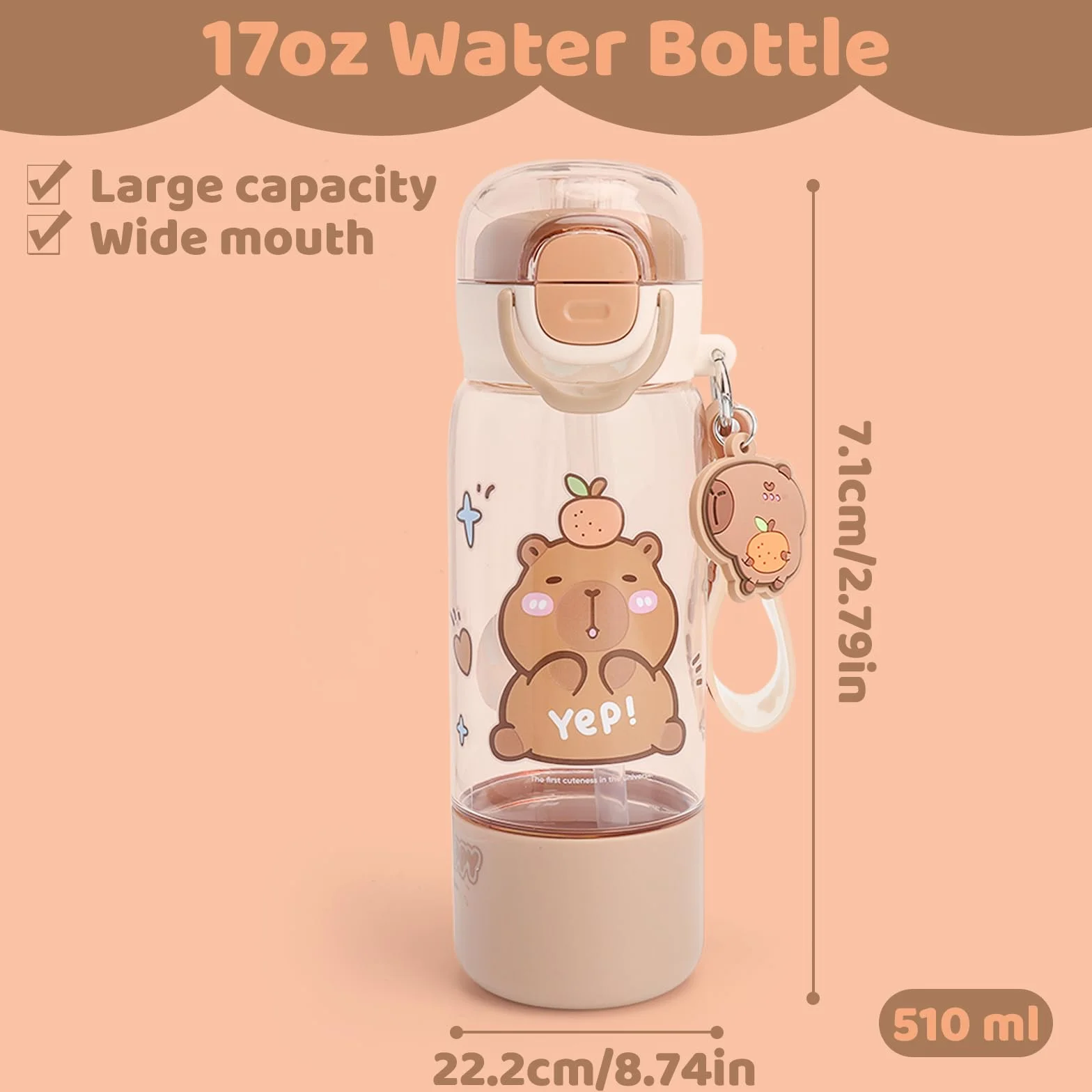 Capybara butelka na napoje, 510 ml, jedna butelka, trzy rodzaje picia, ze słomką, urocza butelka na wodę, do użytku na zewnątrz, dla dziewcząt, na co dzień