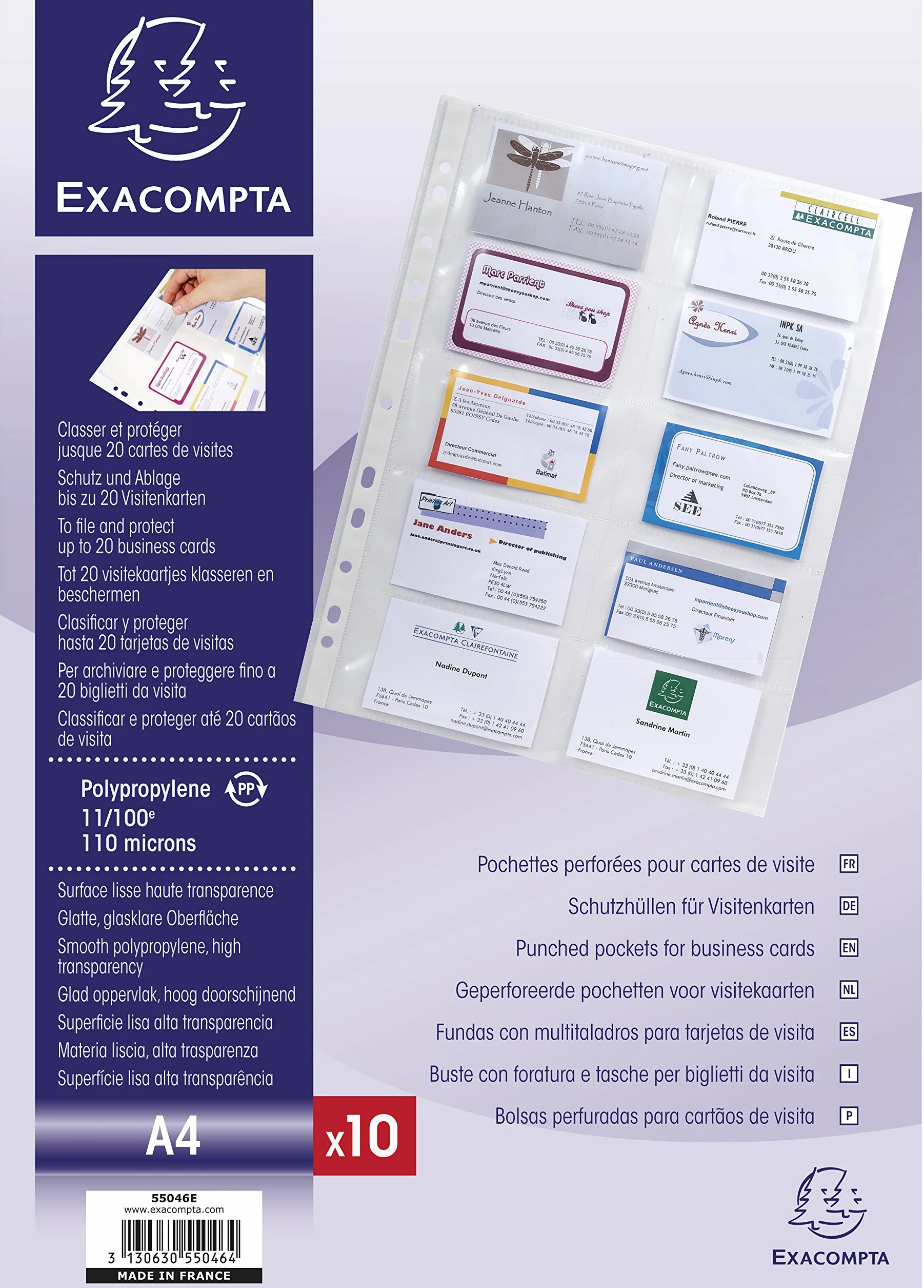 Exacompta 55046E Premium plastikowe koszulki na wizytówki 10 szt. przezroczyste z 10 przegródkami okładka z tworzywa szt. przezroczysta okładka idealna do teczek i segregatorów