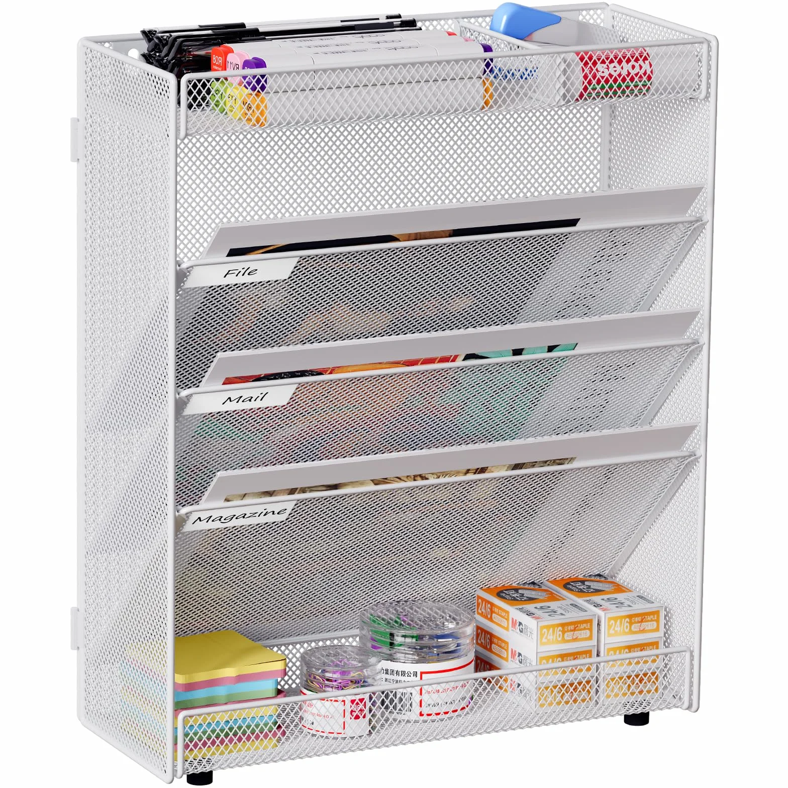 EasyPAG Uchwyt Ścienny na Dokumenty A4 5 Przedziały Metal Siatka,Ścienny Stojak na Pocztę,Wiszący Organizer na Dokumenty,Przechowywanie Czasopism do Biura & Domu,Biały
