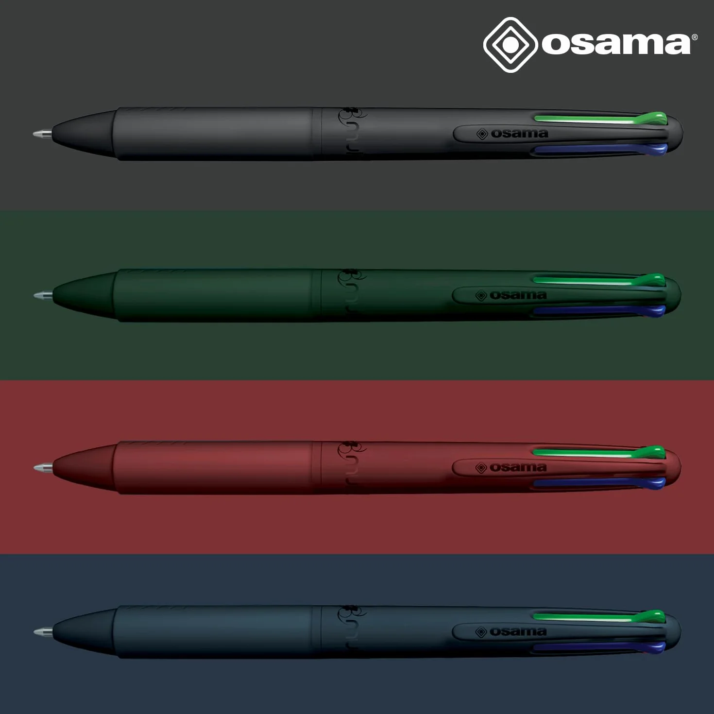 OSAMA 4 Multi Urban zestaw kolorowych długopisów 4 kolory, 2 sztuki – wielokolorowy długopis kulkowy 1,0 mm z atramentem czarnym, niebieskim, czerwonym i zielonym do szkoły, biura, uniwersytetu i