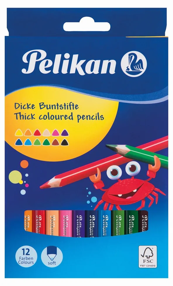 Pelikan Kredki Trójkątne Zestaw 12 Kolorów Grube Odporne na Złamania Miękka Kreska