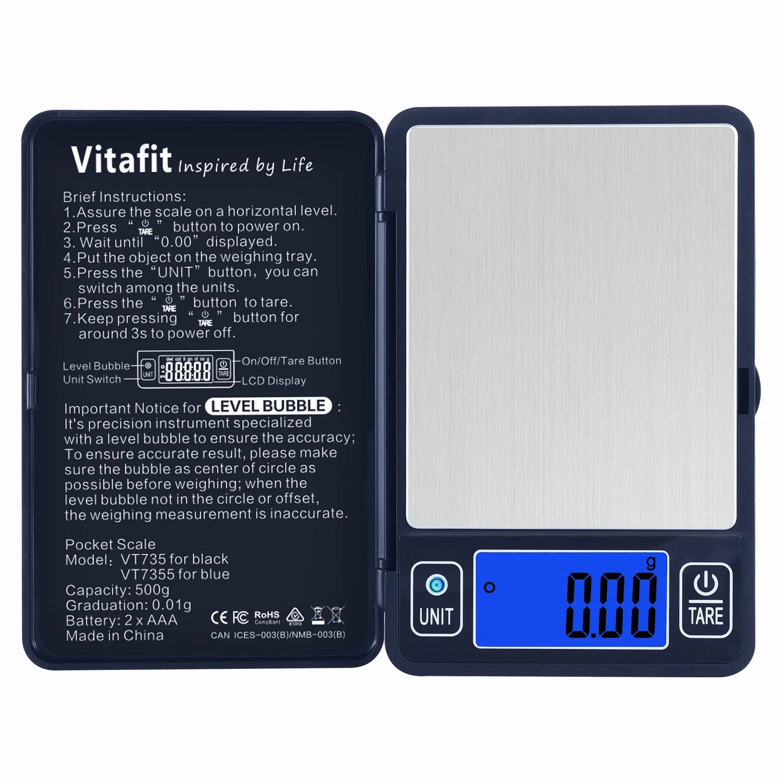 Vitafit 500 g cyfrowa waga kieszonkowa z dokładnością 0,01 g, wysoka precyzja dzięki wbudowanej libelli, precyzyjna waga gramowa do wielu funkcji: kuchnia, żywność, biżuteria, laboratorium, kawa