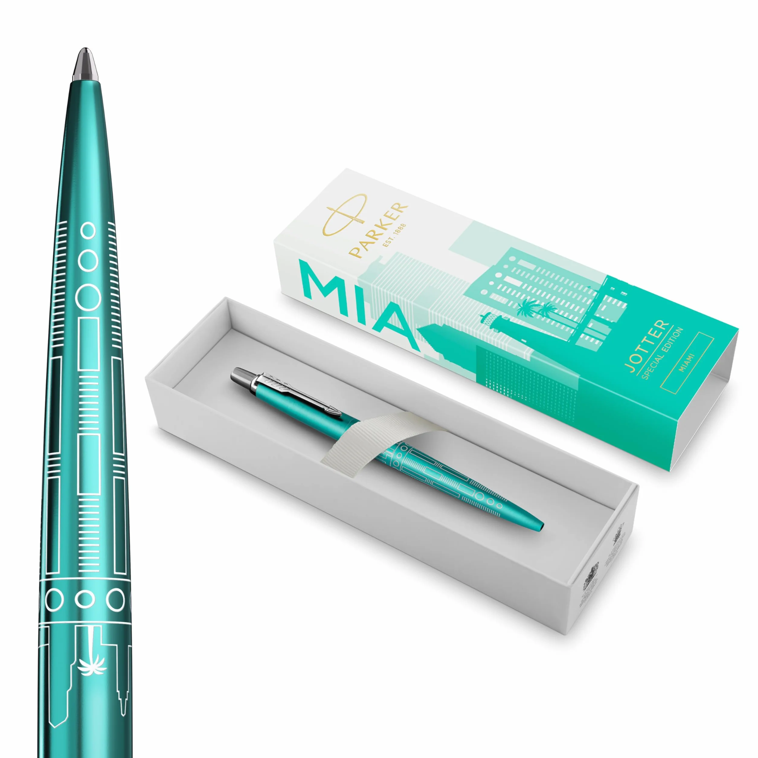 Parker Jotter Długopis Edycja Specjalna Miami Turquoise Chromowane Zdobienia Końcówka Medium Niebieski Tusz Opakowanie Prezentowe