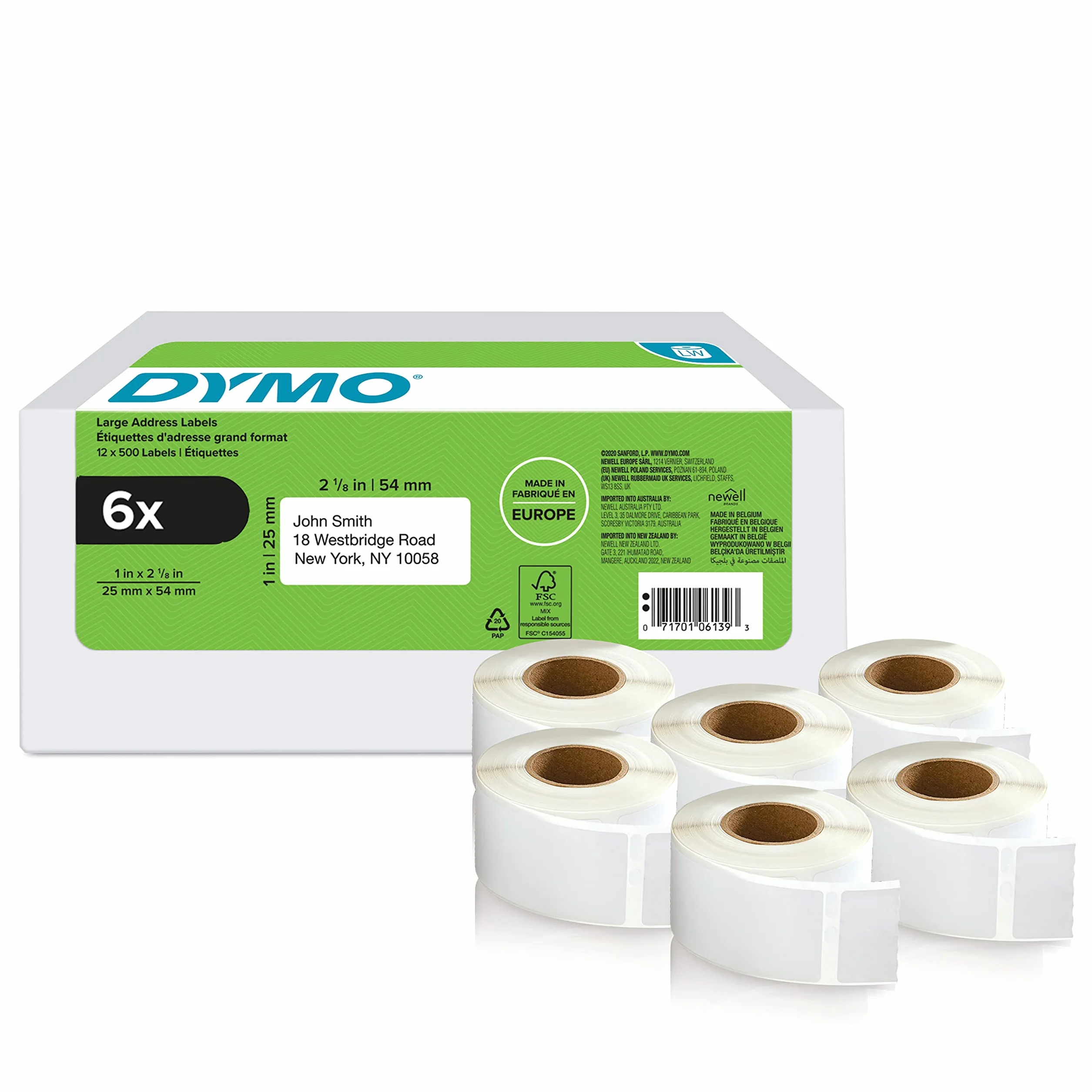 Oryginalne etykiety z adresem zwrotnym DYMO LabelWriter | 25 mm x 54 mm | Samoprzylepne | 6 rolek po 500 etykiet Easy-Peel (3000 sztuk) | do drukarek etykiet LabelWriter | Wyprodukowano w Europie