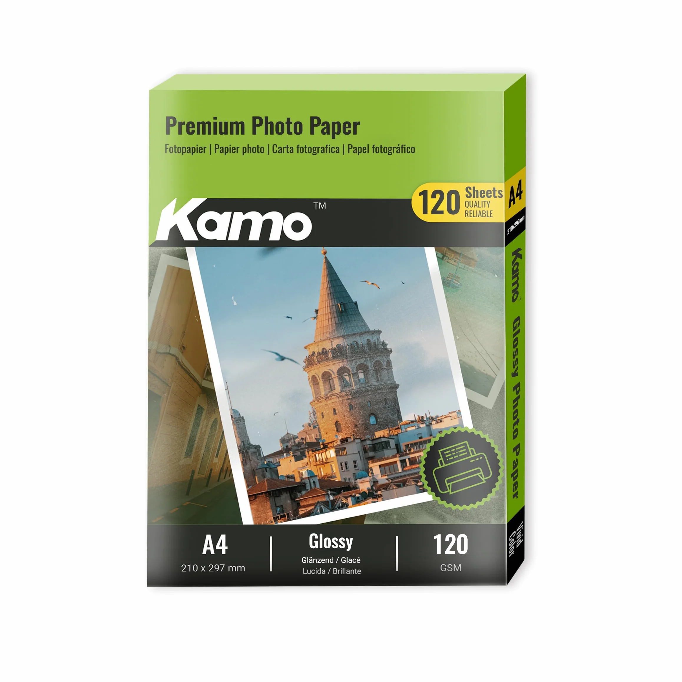Kamo Błyszczący papier fotograficzny A4, 120 g/m², 120 arkuszy – idealny do zdjęć, plakatów i DIY, kompatybilny z drukarkami atramentowymi