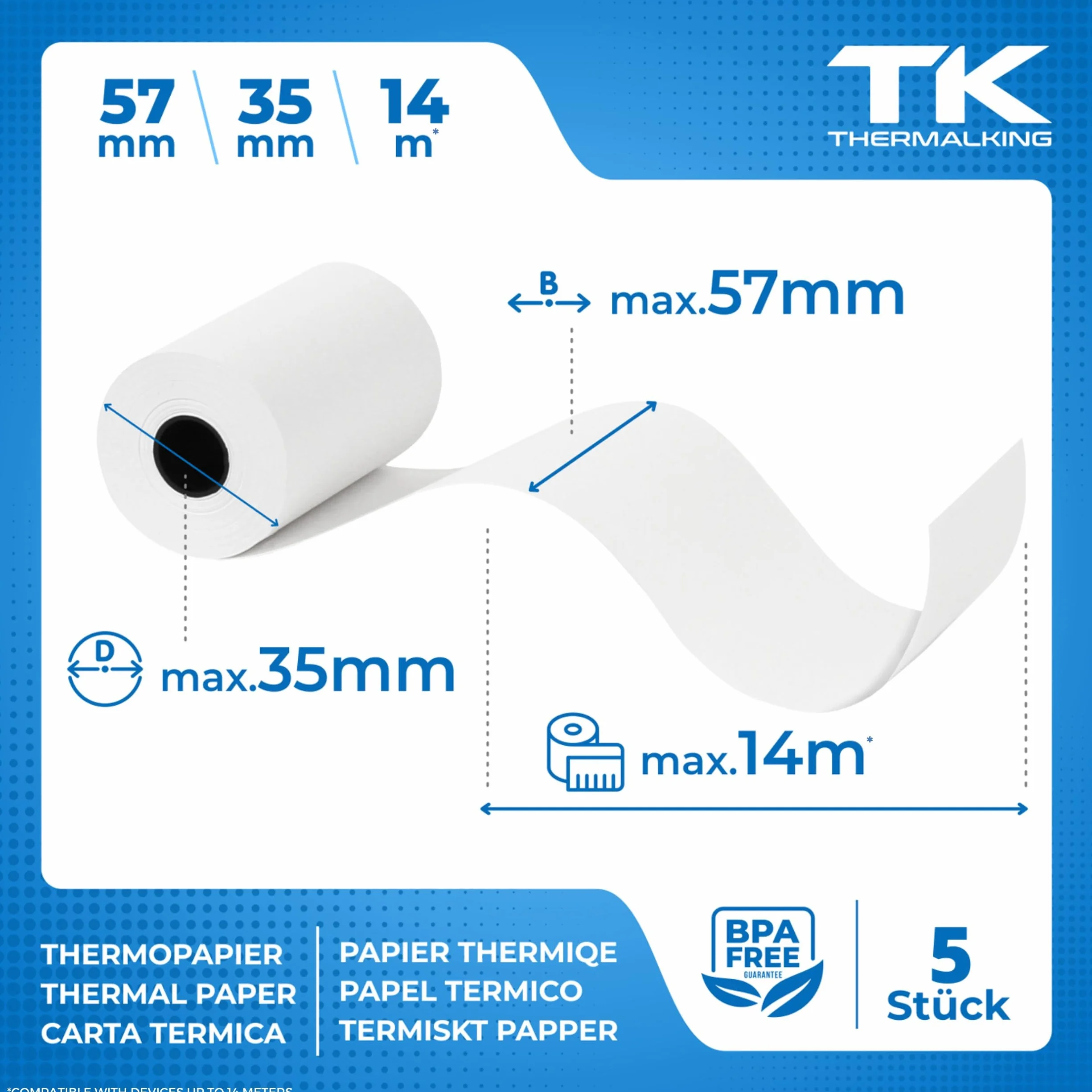 5 x rolki termiczne EC Cash - Szerokość: 57 mm - Średnica: 35 mm - Średnica tulejki: 12 mm - Długość: 14 m - do drukarek bonusowych, terminali EC itp.