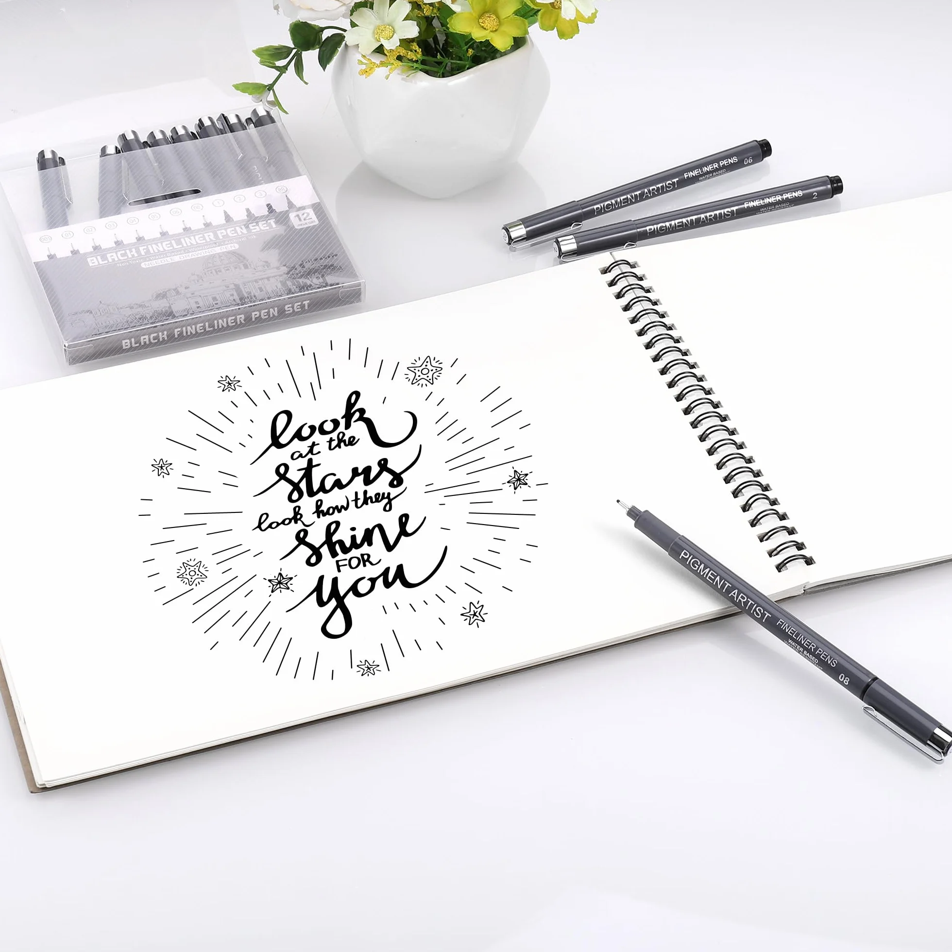 JIANTA Długopisy do kaligrafii, 12 sztuk, czarne, zestaw do kaligrafii dla początkujących, cienkopisy do kaligrafii, akcesoria Bullet Journal, czarne pisaki do rysowania