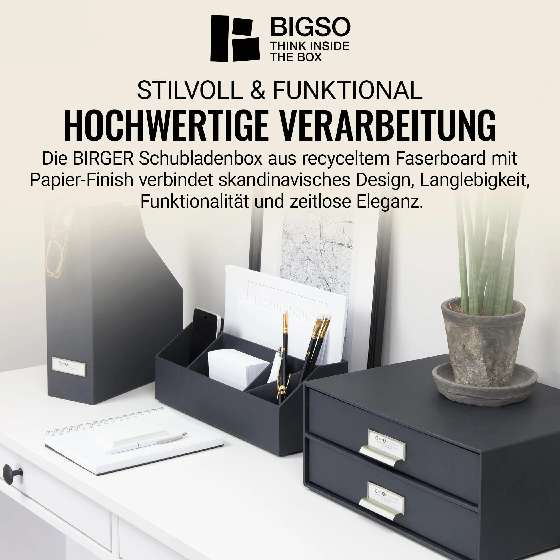 Bigso Box of Sweden BIRGER Pudełko z szufladami na dokumenty i artykuły biurowe – organizer na biurko z 2 szufladami – system odkładania z płyty pilśniowej i papieru – ciemnoszary