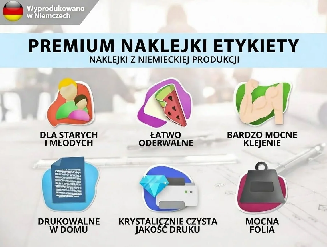 100 samoprzylepnych etykiet DIN A4, 210 x 297 mm, uniwersalne nadruki, matowa biała powierzchnia, kompatybilne z drukarkami atramentowymi i laserowymi, naklejki do wielu zastosowań – z Niemiec