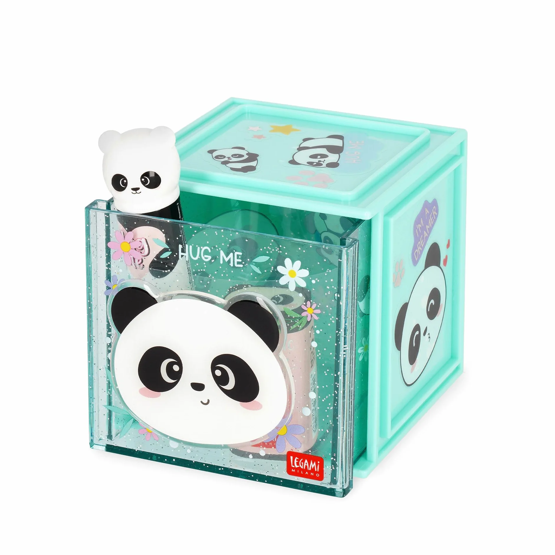 Legami - Cutie Cubes Modułowe pudełko na biurko, panda, organizer na biurko, do przechowywania, łącznie z arkuszem z naklejkami, możliwość układania w stos, wielofunkcyjny, ABS, 90 x 90 x 100 cm