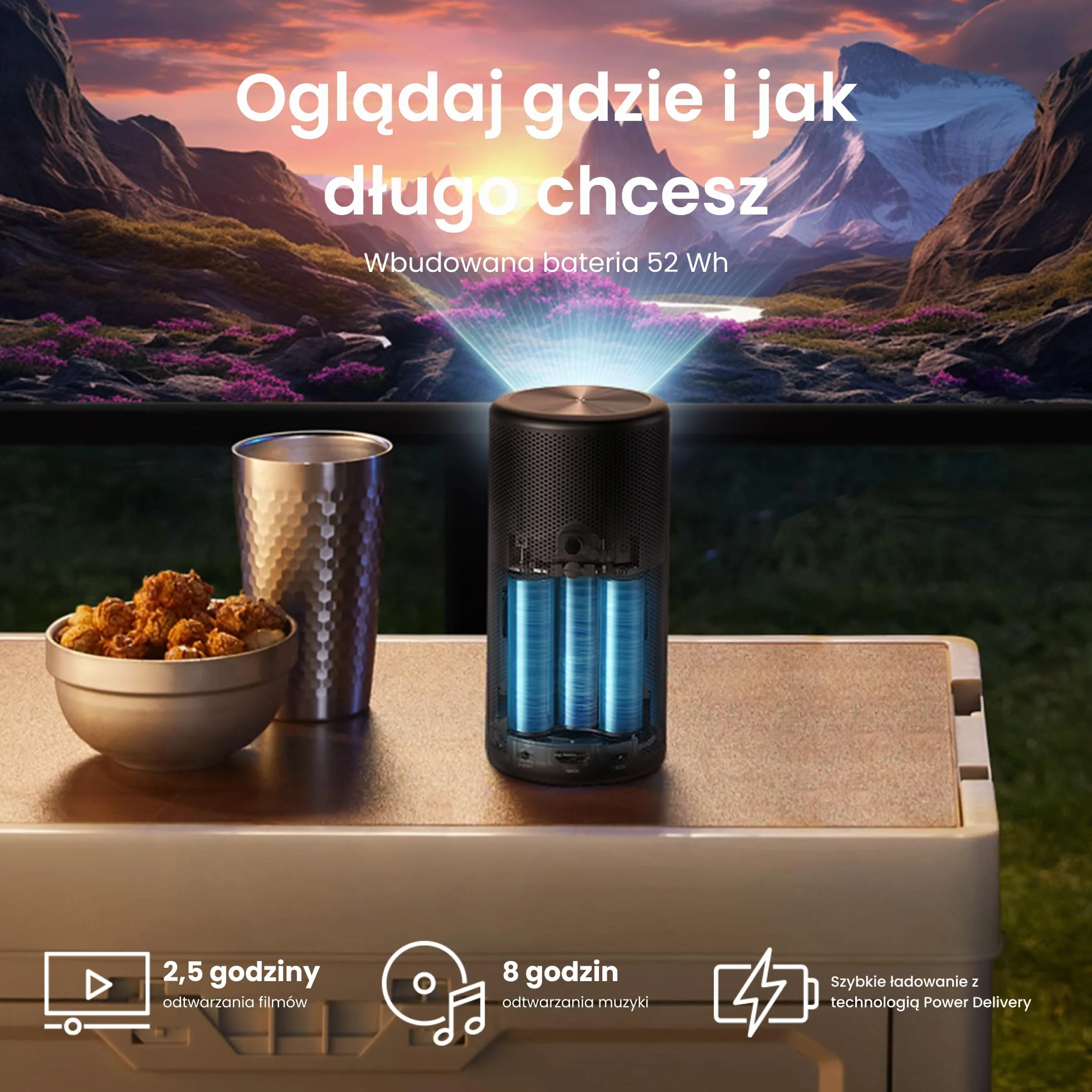 Projektor laserowy NEBULA Capsule 3 GTV, 300 lumenów ANSI, Smart TV 1080p, Wi-Fi, Dolby Digital, autofokus, obraz 120 cali