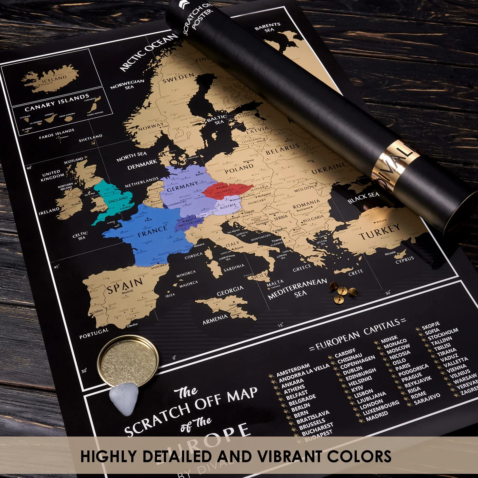 Mapa Europy do zdrapywania 24x16 plakat z miastami czarno-złota przypinka podróżne mapy ścienne Europa z drapakiem