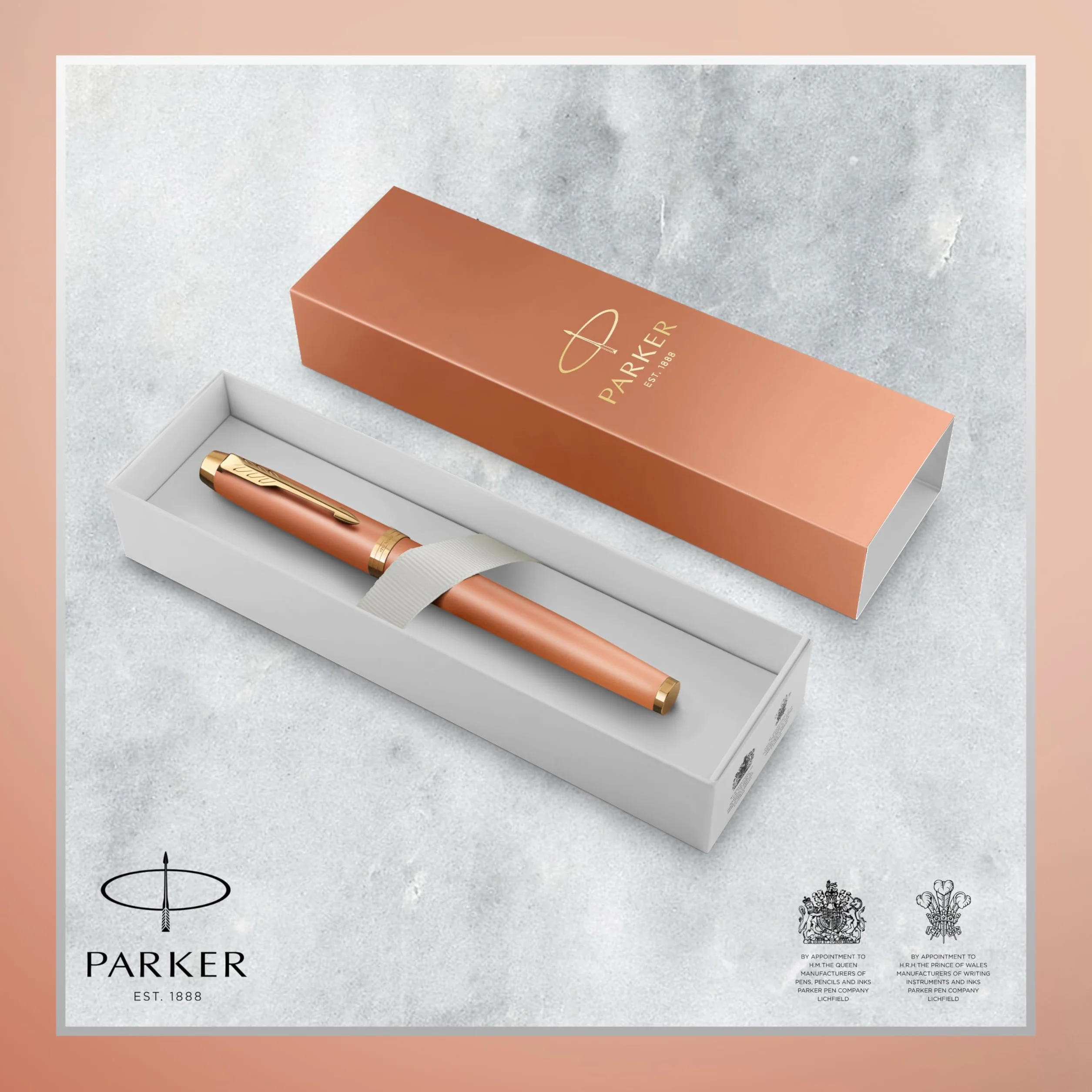 Pióro kulkowe Parker IM Writing Rituals, pomarańczowy odcień Uplifting Orange z gradientem i złotym wykończeniem, końcówka fine, czarny atrament, opakowanie prezentowe