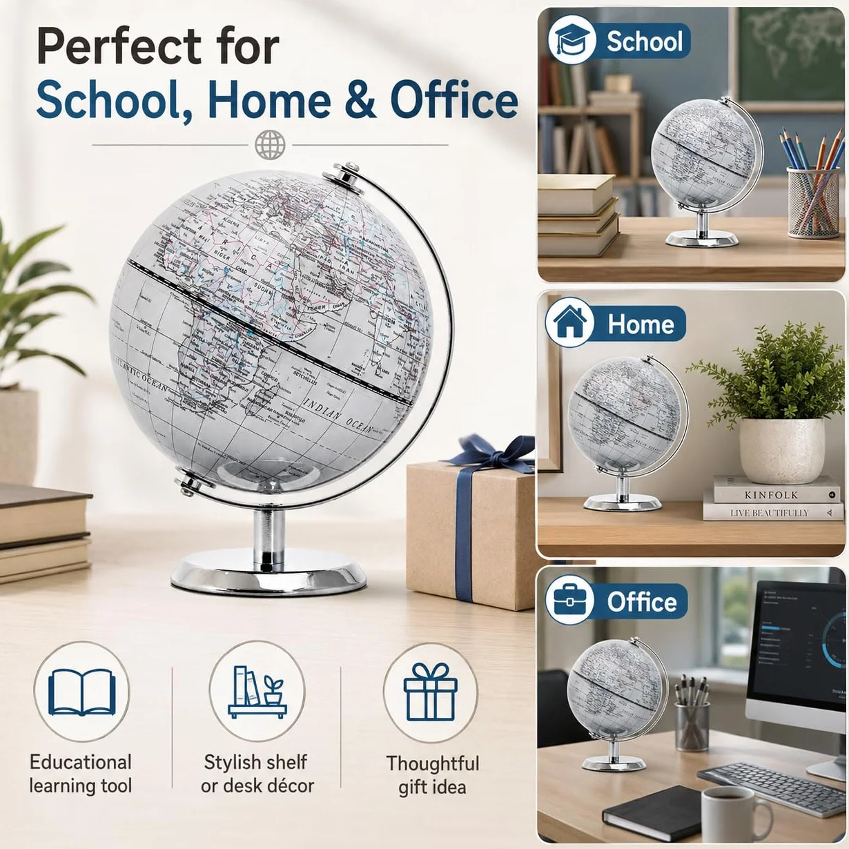 Globus świata srebrny 14 cm mini edukacyjny geograficzny dekoracja biurka stal nierdzewna srebrnoszary