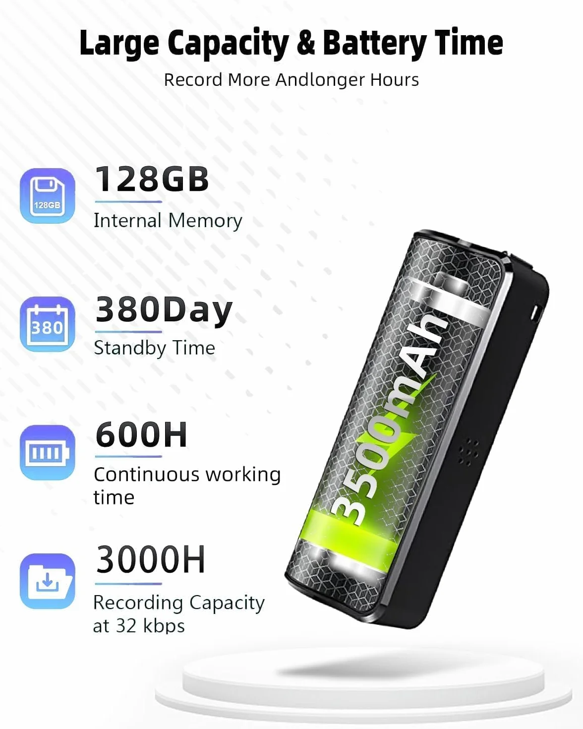 Dyktafon magnetyczny 128 GB nagrywarka 30 dni ładowanie USB sterowanie głosem