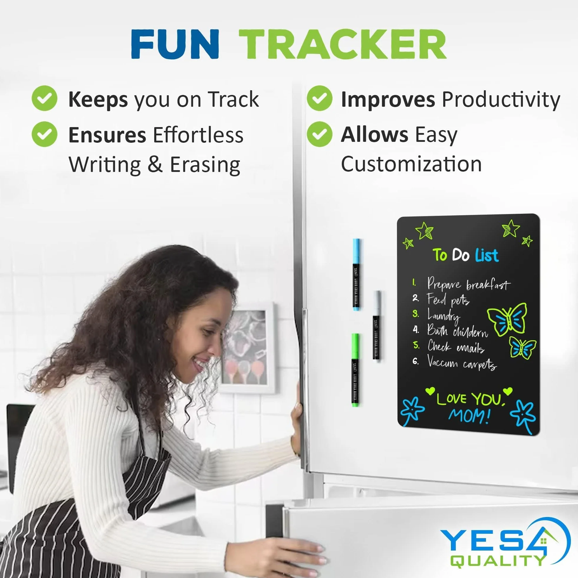 Magnetic Black Dry Erase Board for Fridge - A3 / 43 x 28cm - Stain-Resistant w/ 3 Magnetic, Fine-Tip Neon Chalk Markers & Eraser - by Yes4Quality