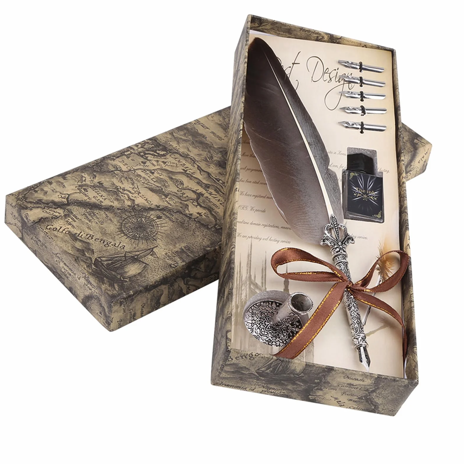 Stalówka Garosa Vintage Feather, Stalówka Z Antycznej Angielskiej Kaligrafii Dip Quill Pen Zestaw Do Pisania, Metalowy Wygląd Rzeźbienia, Papiernicze Pudełko Z 5 Stalówkami (Czarne)