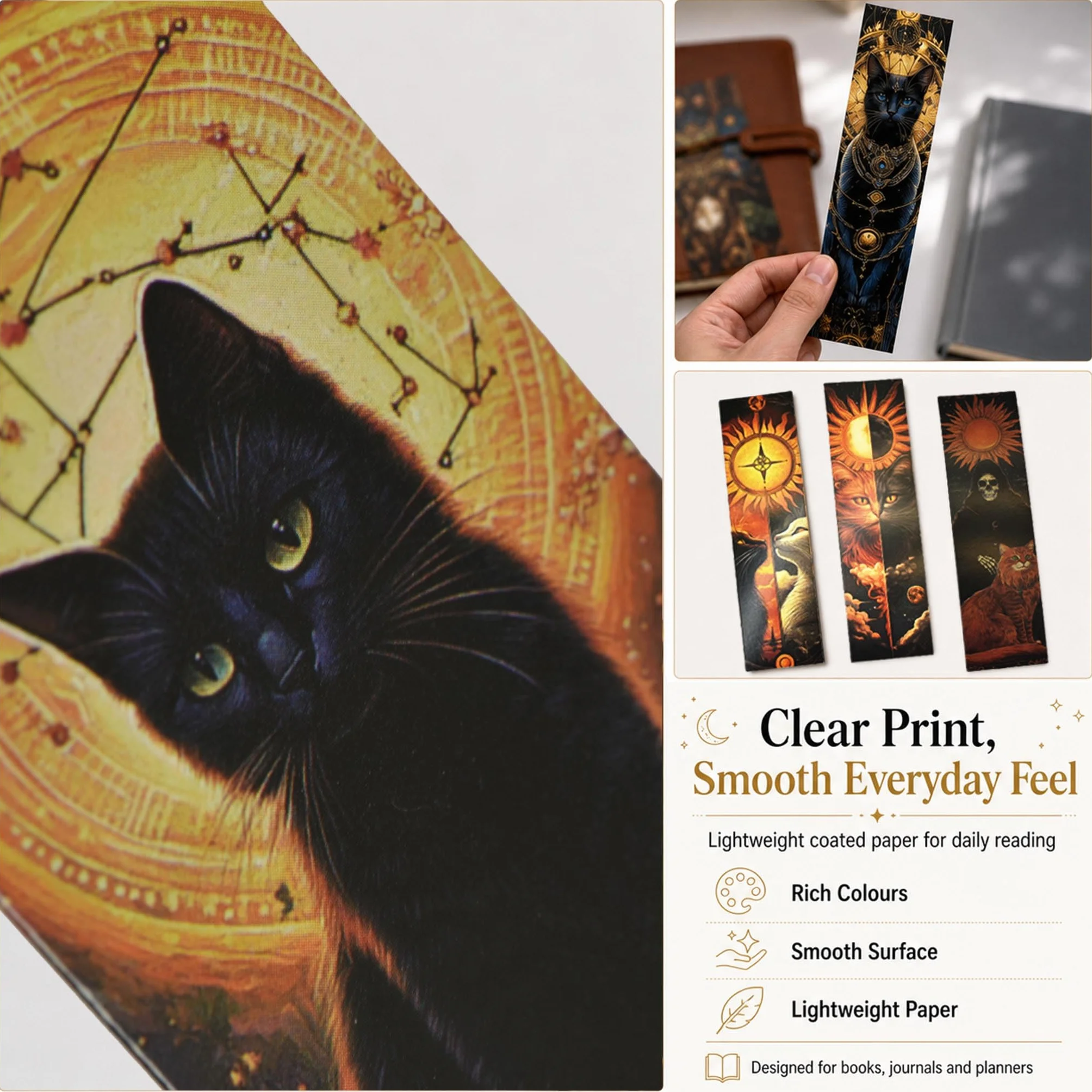 Zakładki do Książek Cat Tarot 30 Szt., Papierowe Zakładki z Kotami i Motywami Niebiańskimi 15 x 4 cm, Mistyczna Kolekcja Artystyczna dla Miłośników Książek, Kotów i Fantasy
