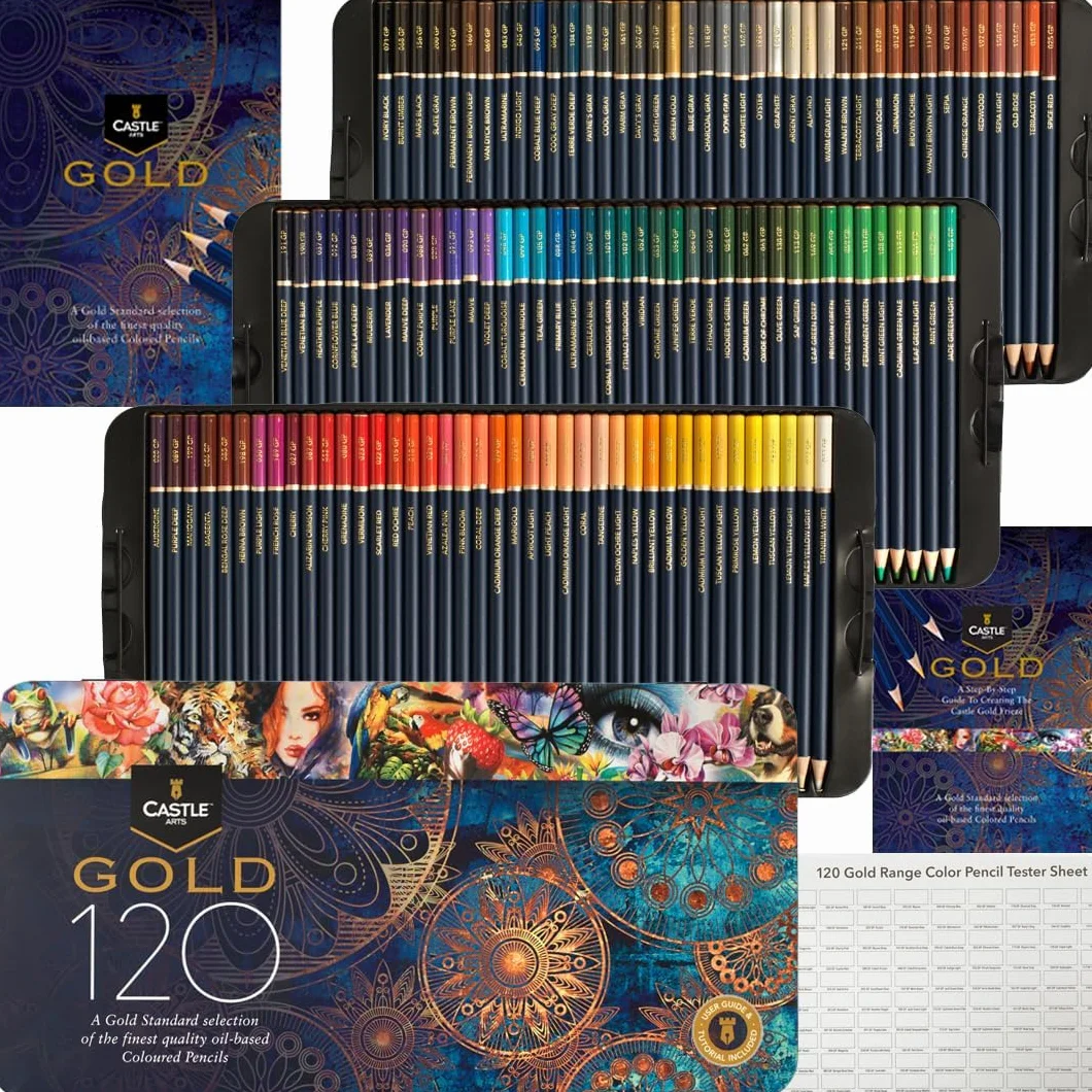 Castle Art Supplies Gold Standard Zestaw 120 kredek do kolorowania, wysokiej jakości kolorowe rdzenie na bazie oleju pozostają ostrzejsze, twardsze przed pęknięciami, dla dorosłych artystów,
