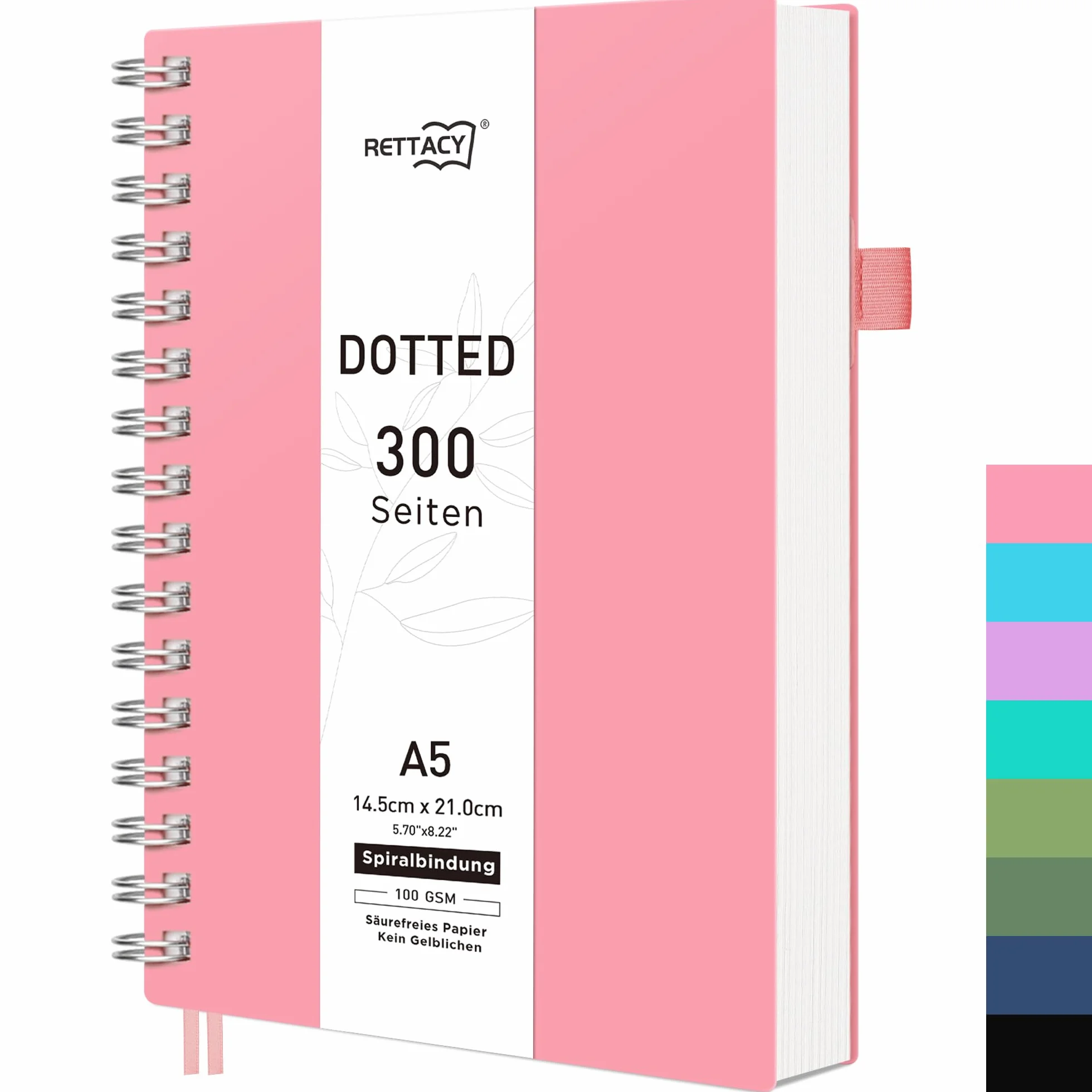 RETTACY Notatnik A5 w kropki Bullet Dot Journal notatniki spiralne 150 arkuszy/300 stron do pisania, 100 g/m², twarda okładka PVC dla kobiet, mężczyzn, pracy, biura, szkoły, 14,5 x 21 cm - różowy