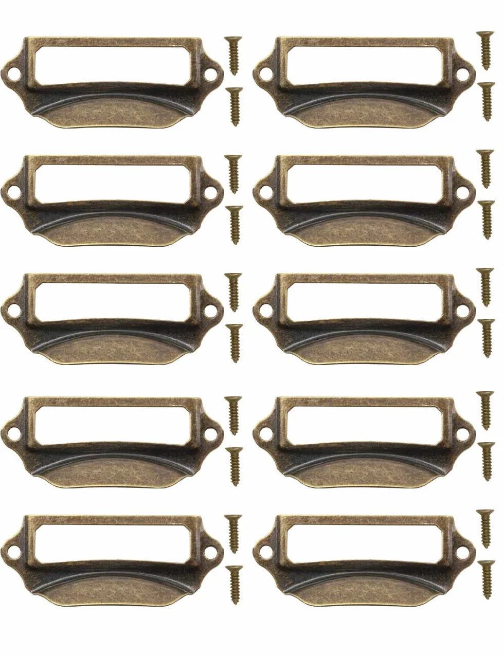 Fuxxer® 10 x okienka na etykiety, metalowe uchwyty w kolorze antycznego mosiądzu do szuflad i archiwów (70 x 29 mm)