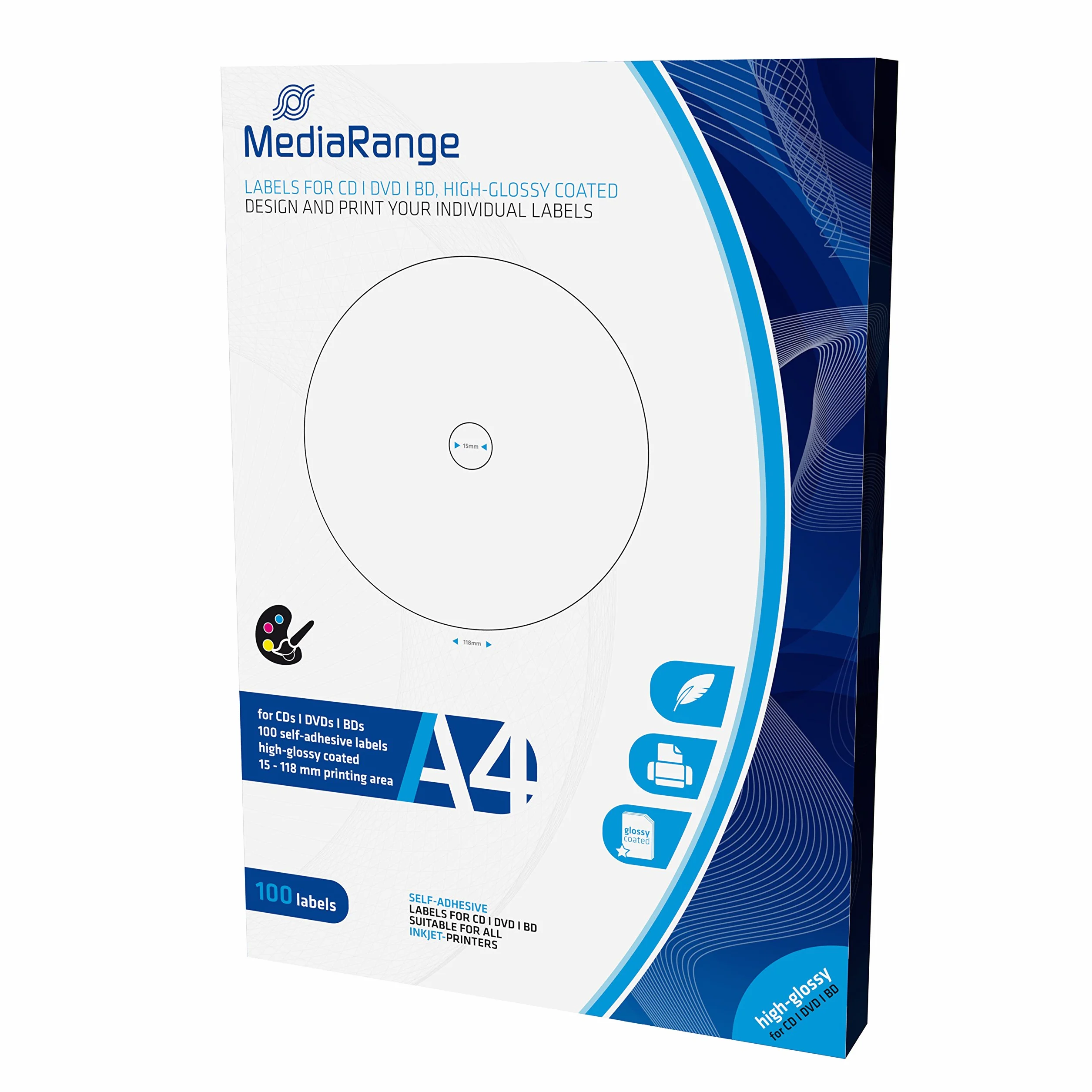 MediaRange Etykiety na CD|DVD|BD, 15-118 mm, wysoki połysk, 100 sztuk w opakowaniu