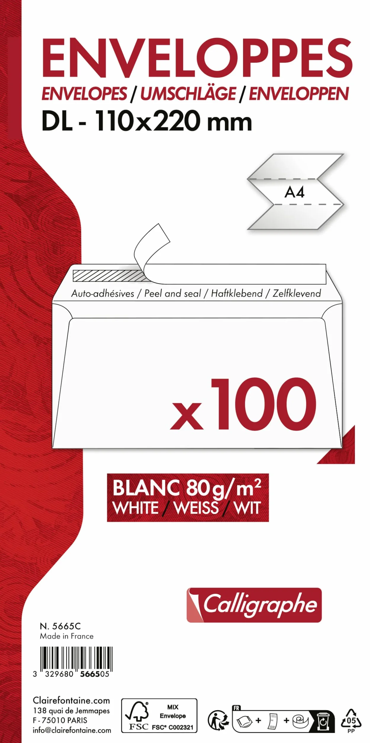 Calligraphe (seria korespondencyjna Clairefontaine) 5665C – Zestaw 100 białych kopert DL-110x220mm – Samoprzylepne – 80g/m²