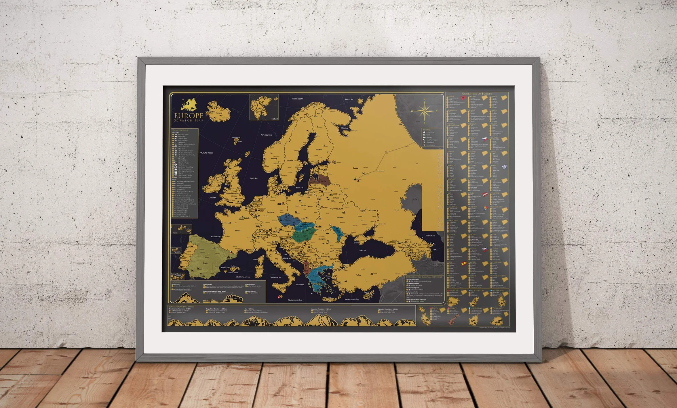 Plakat ścienny z mapą zdrapywania Europy – duży rozmiar (A1 84,1 x 59,4 cm) luksusowy wygląd mapa zdrapywania – idealny prezent podróżny