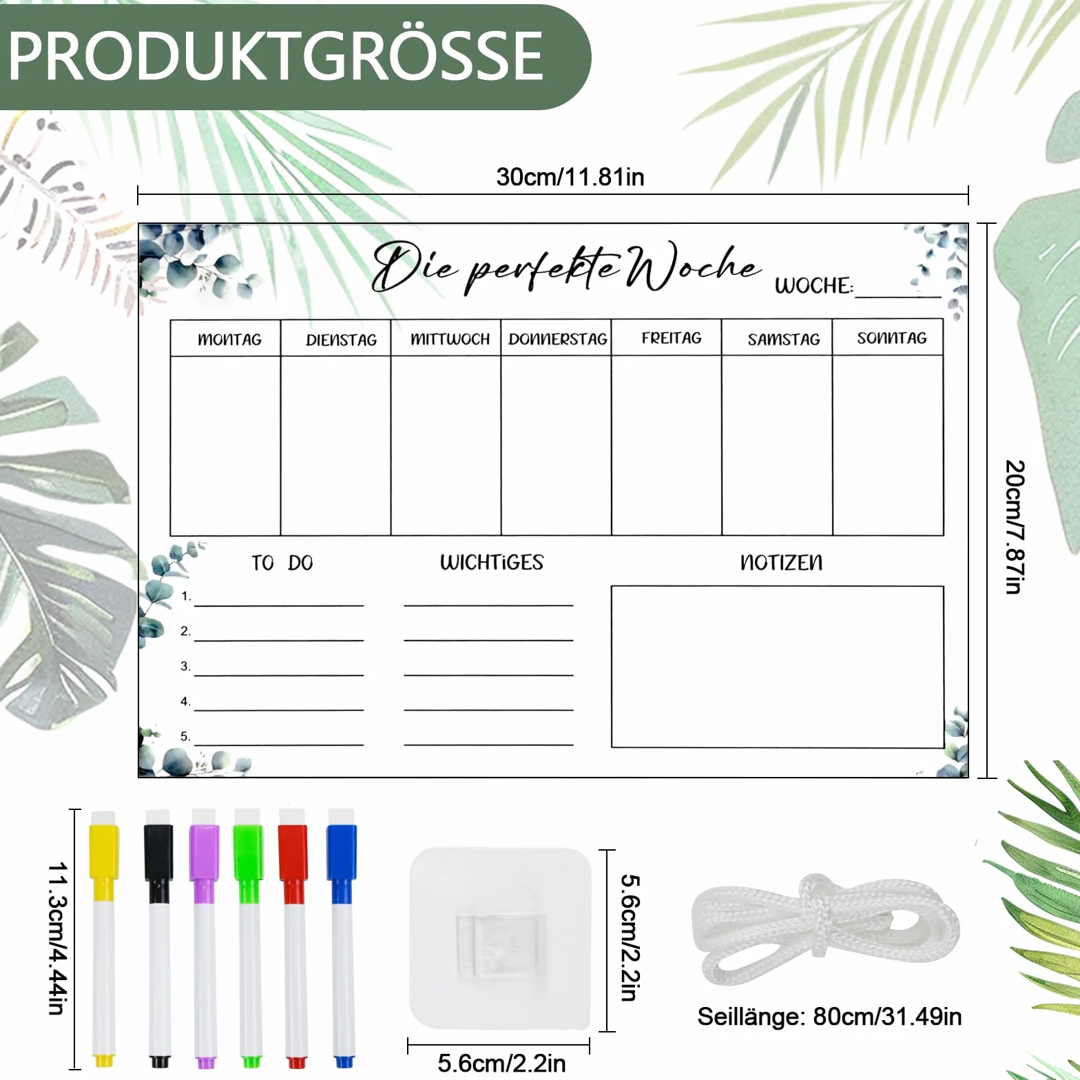 Planer tygodniowy zmywalny – 30 x 20 cm, planer posiłków, z akrylu, do planu domowego, planera rodzinnego, z 6 pisakami do zawieszenia, lista rzeczy do zrobienia w gospodarstwie domowym, w języku