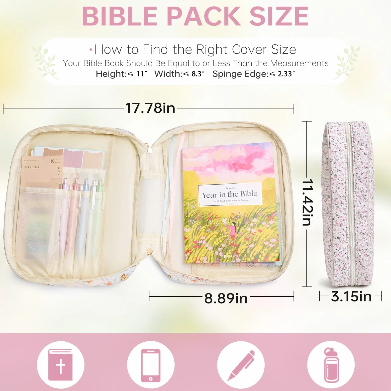 Pokrowiec na Biblię dla kobiet, duża okładka biblijna z trwałym uchwytem, pikowana torba do przenoszenia Biblii dla dziewcząt, akcesoria do nauki Biblii, akcesoria, chrześcijańskie prezenty dla kobiet