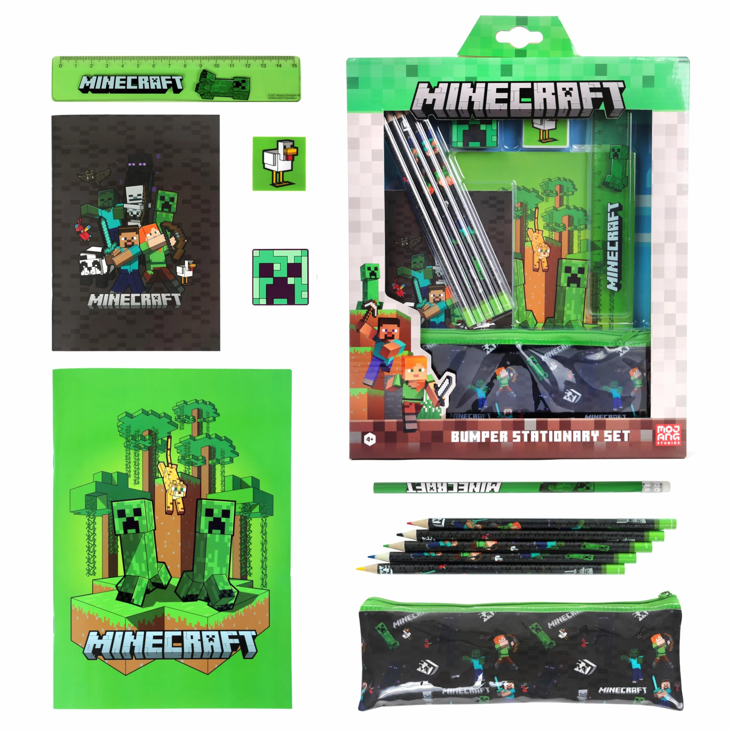Minecraft Zestaw długopisów, przybory piśmiennicze, przybory szkolne, w zestawie gumka do ścierania, ołówek, początek szkoły, do kalendarza adwentowego lub upominków - oryginalny artykuł dla fanów dla